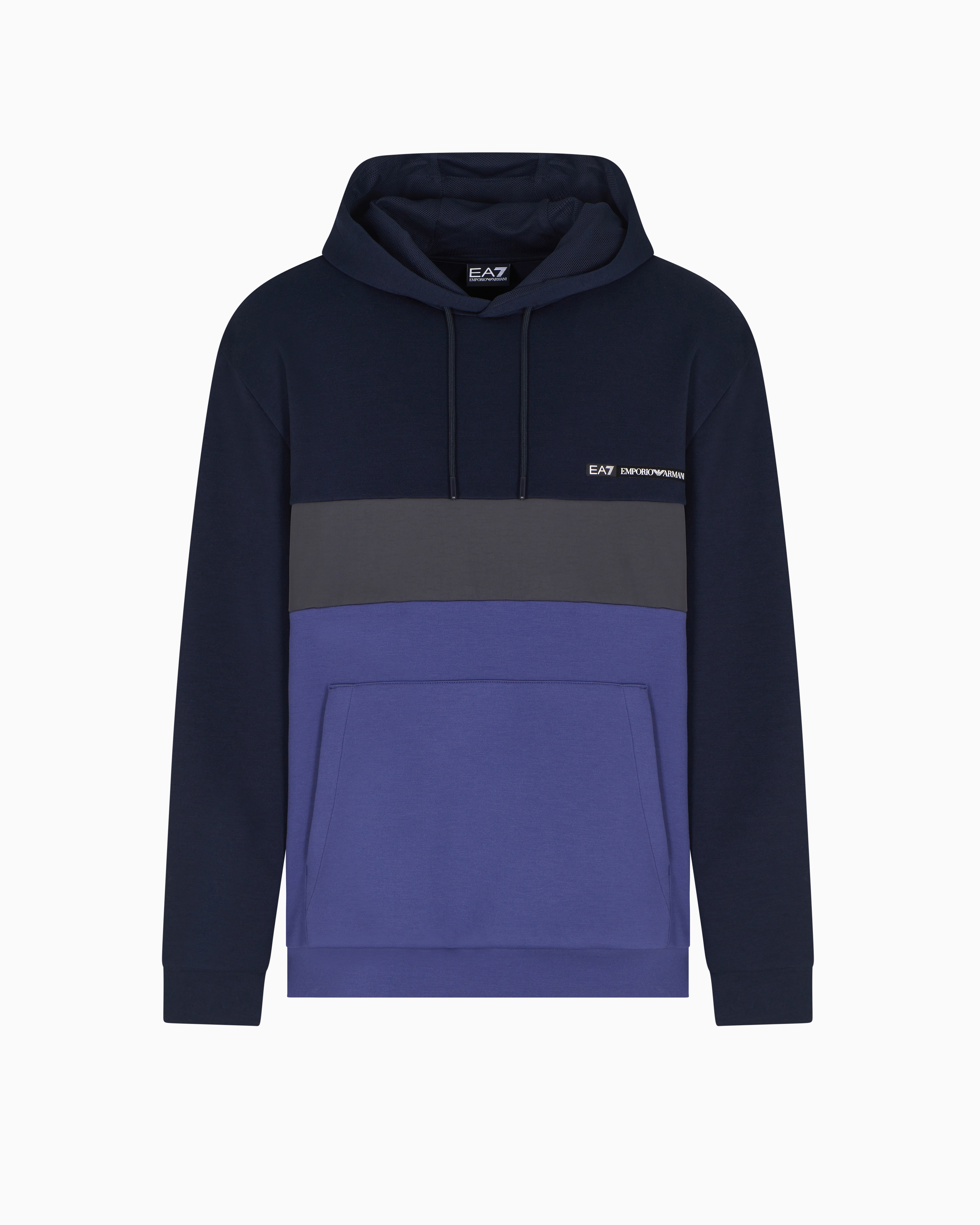 Ea7 Athletic Colour Block Hooded Sweatshirt In Nylon And Viscose Blend In Blue