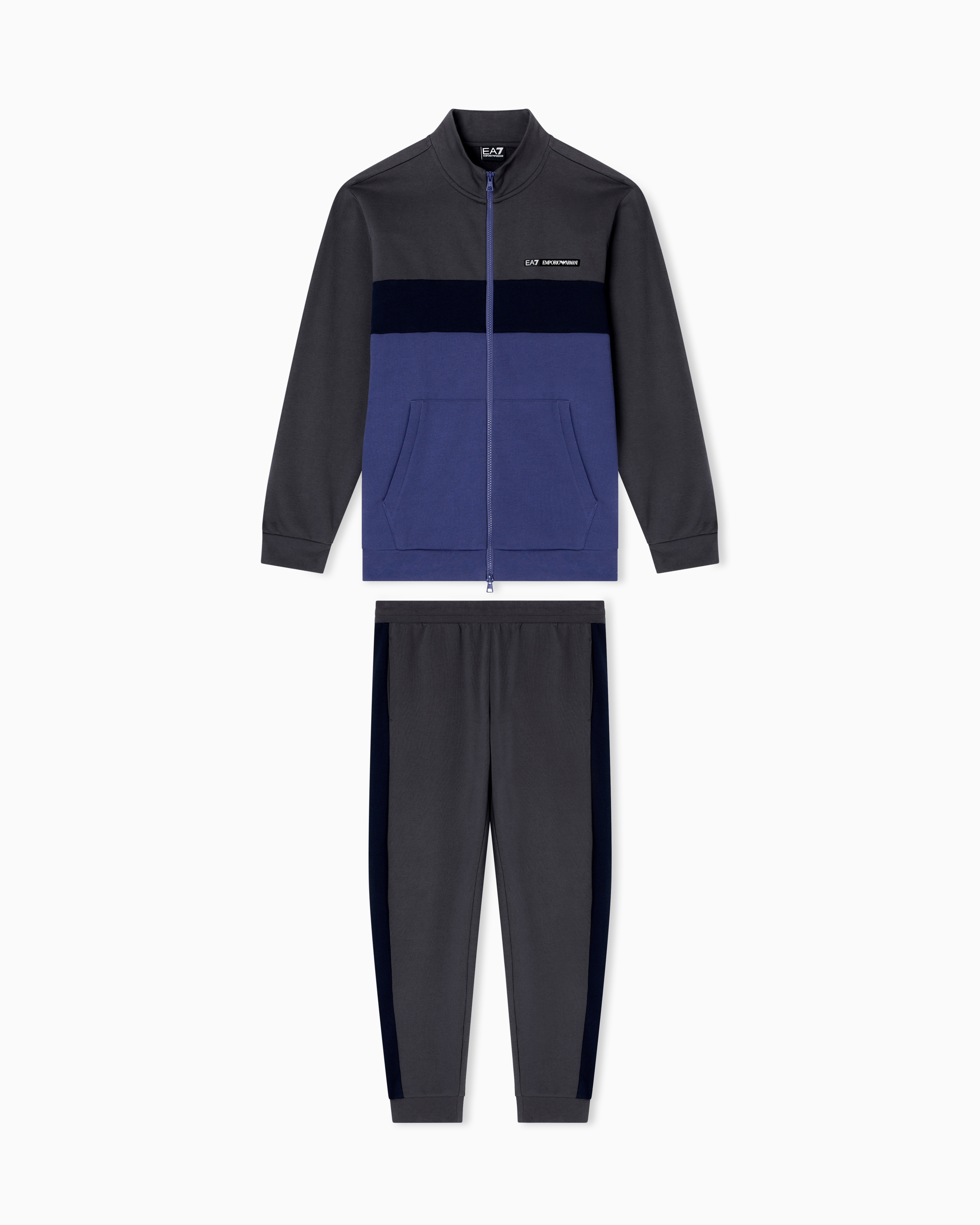 Ea7 Asv Athletic Colour Block Organic Cotton-blend Tracksuit In Gray