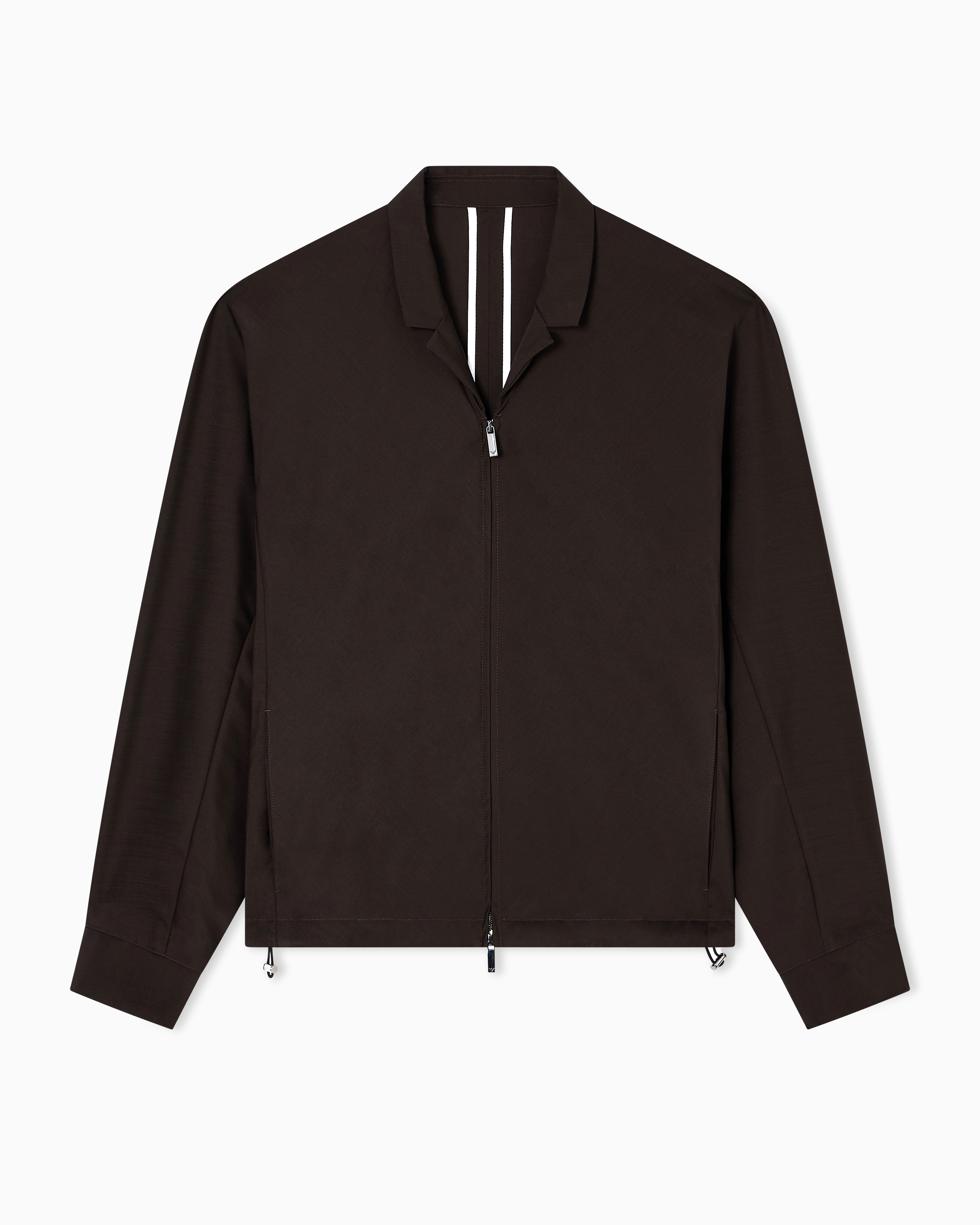 Emporio Armani Veste Chemise Zippée En Toile De Laine Froide Tropicale In Brown