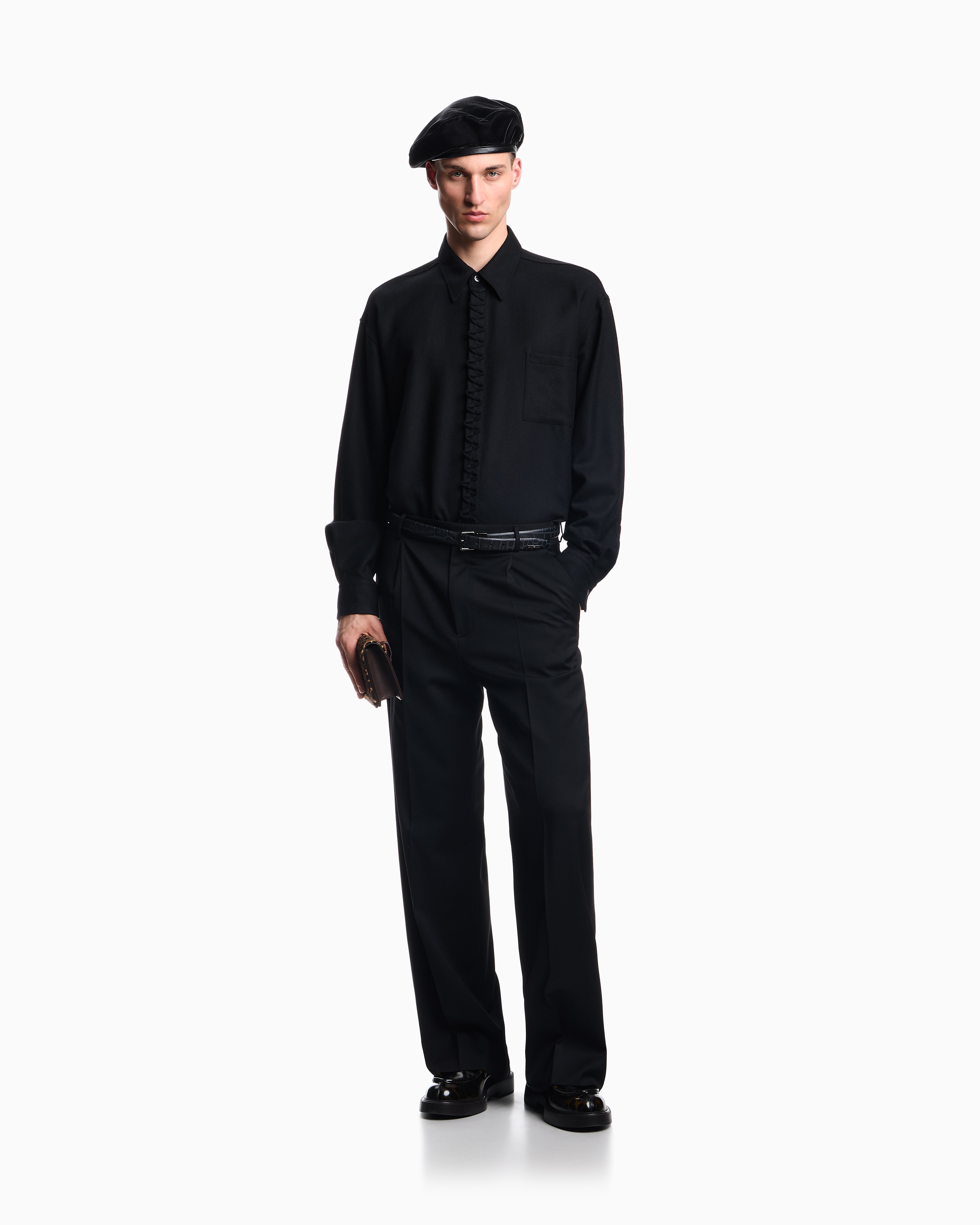 Emporio Armani - Viyella wool shirt with zig-zag embellishment, Man, Black, Size: L