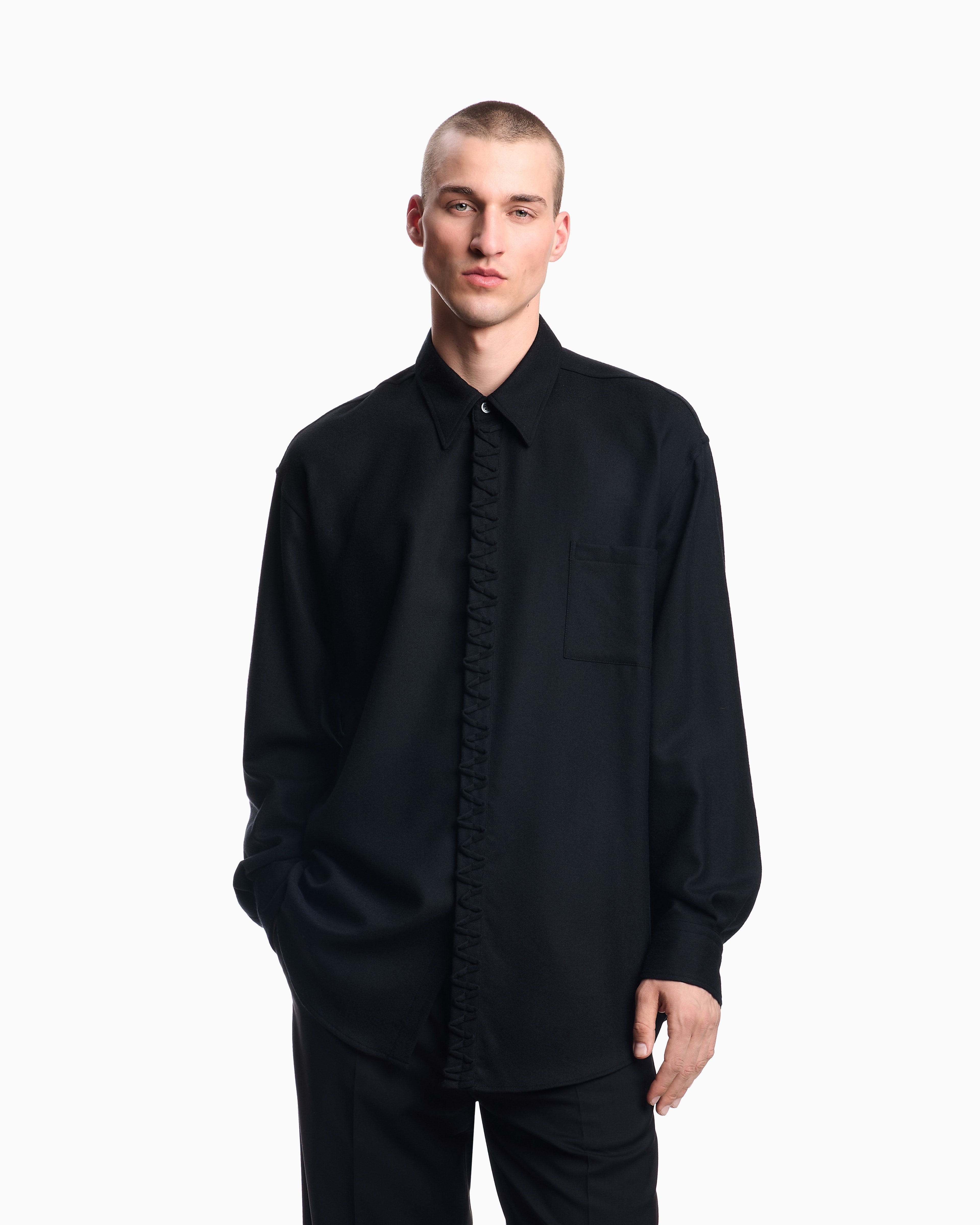 Emporio Armani - Viyella wool shirt with zig-zag embellishment, Man, Black, Size: L