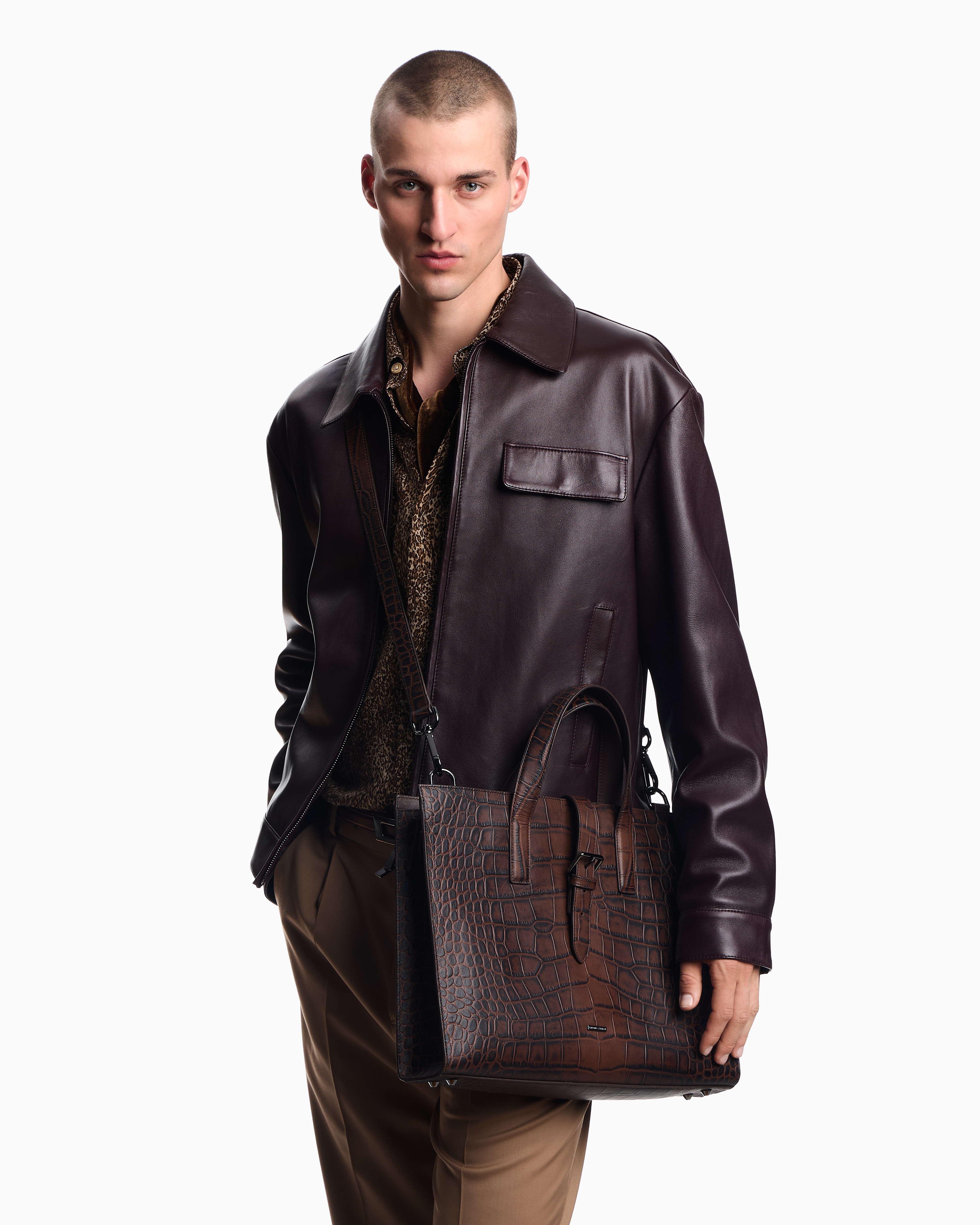 Emporio Armani - Crocodile-embossed leather briefcase, Man, Brown, Size: TU