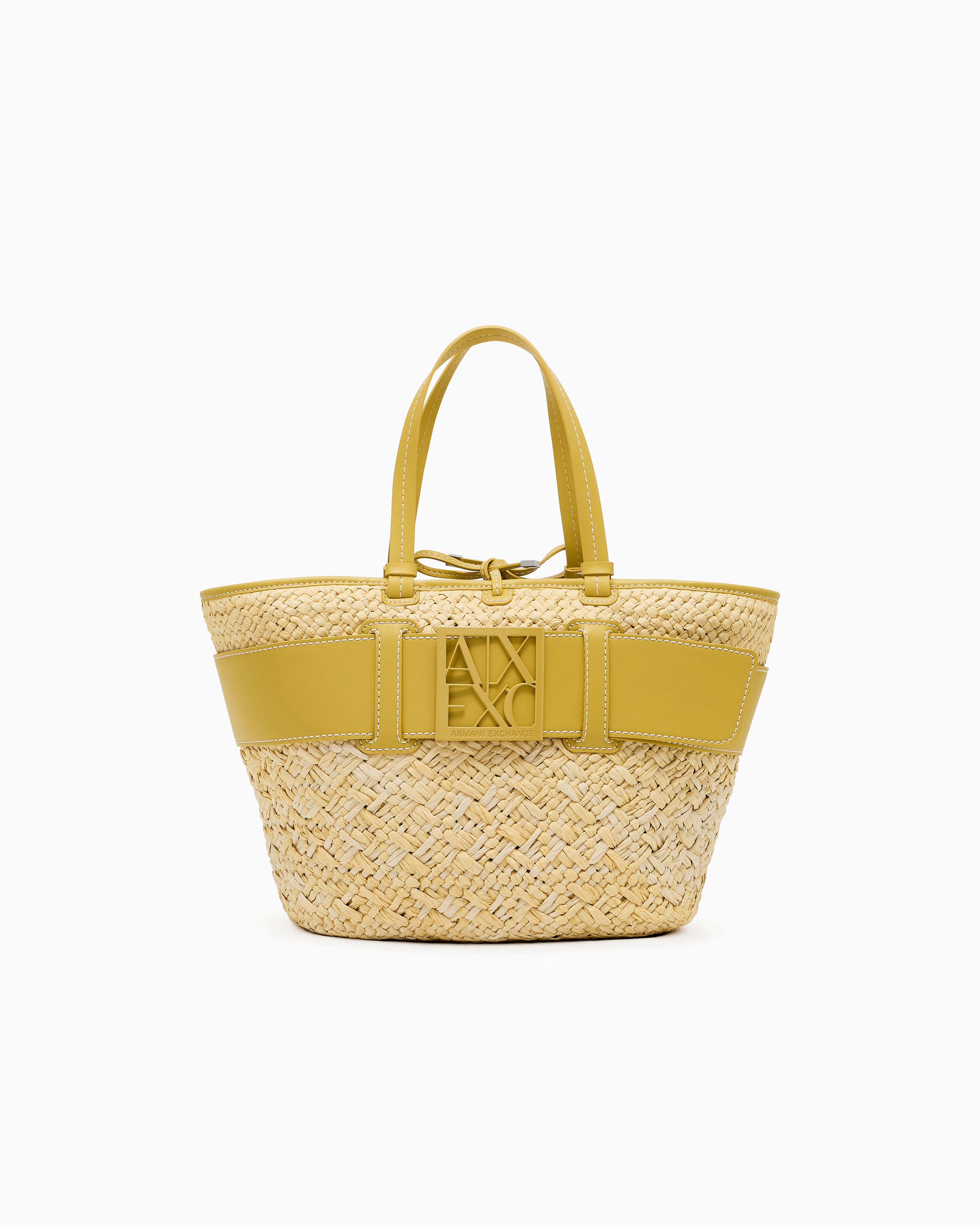 Armani Exchange - Straw shopper bag with logo band, Woman, Yellow, Size: TU