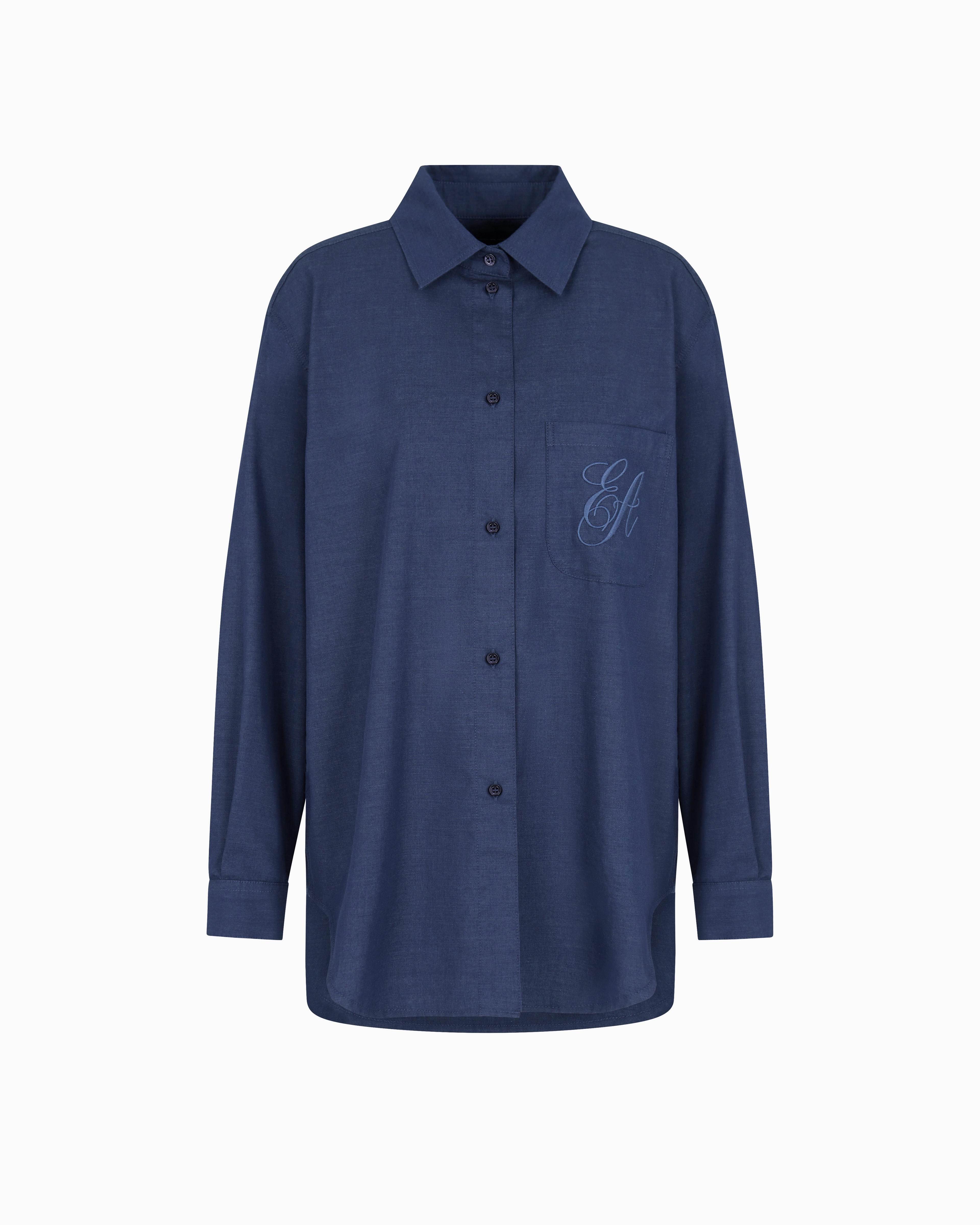 Emporio Armani - Yarn-dyed shirt with embroidered logo, Woman, Blue, Size: