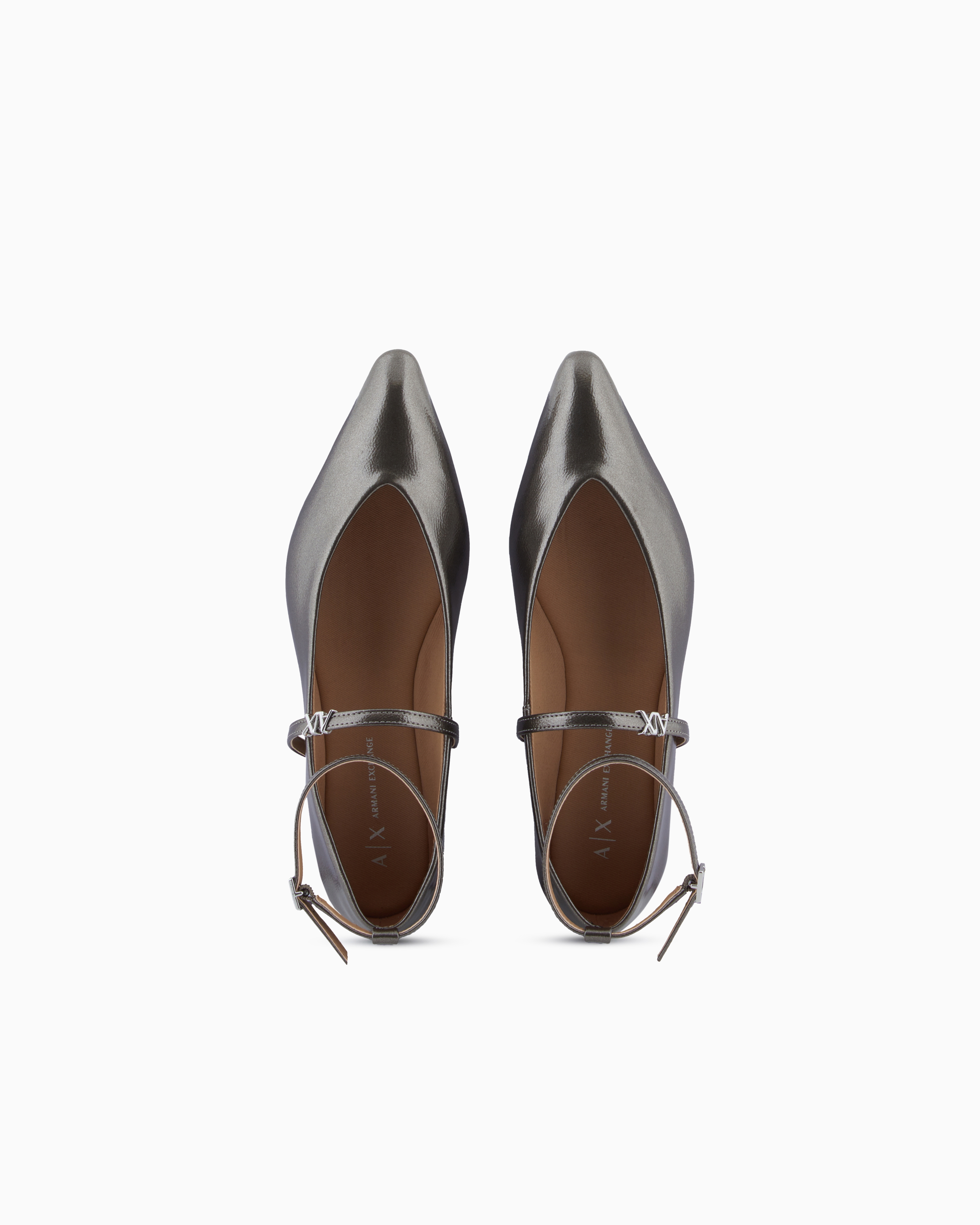Armani Exchange Pointed Toe Ballerinas With Straps In Silver