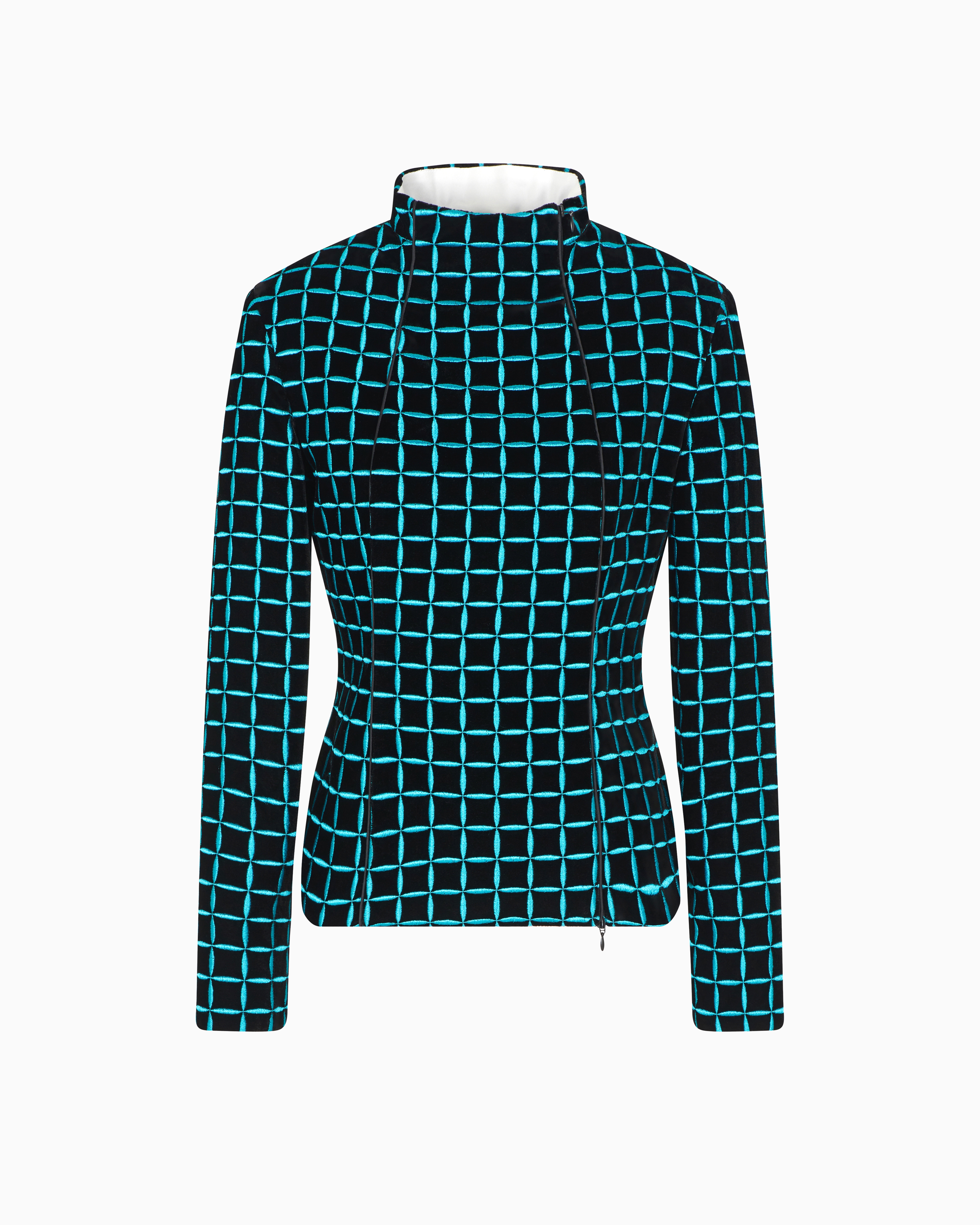 Emporio Armani - Velvet jacket with embroidered check motif, Woman, Blue, Size: