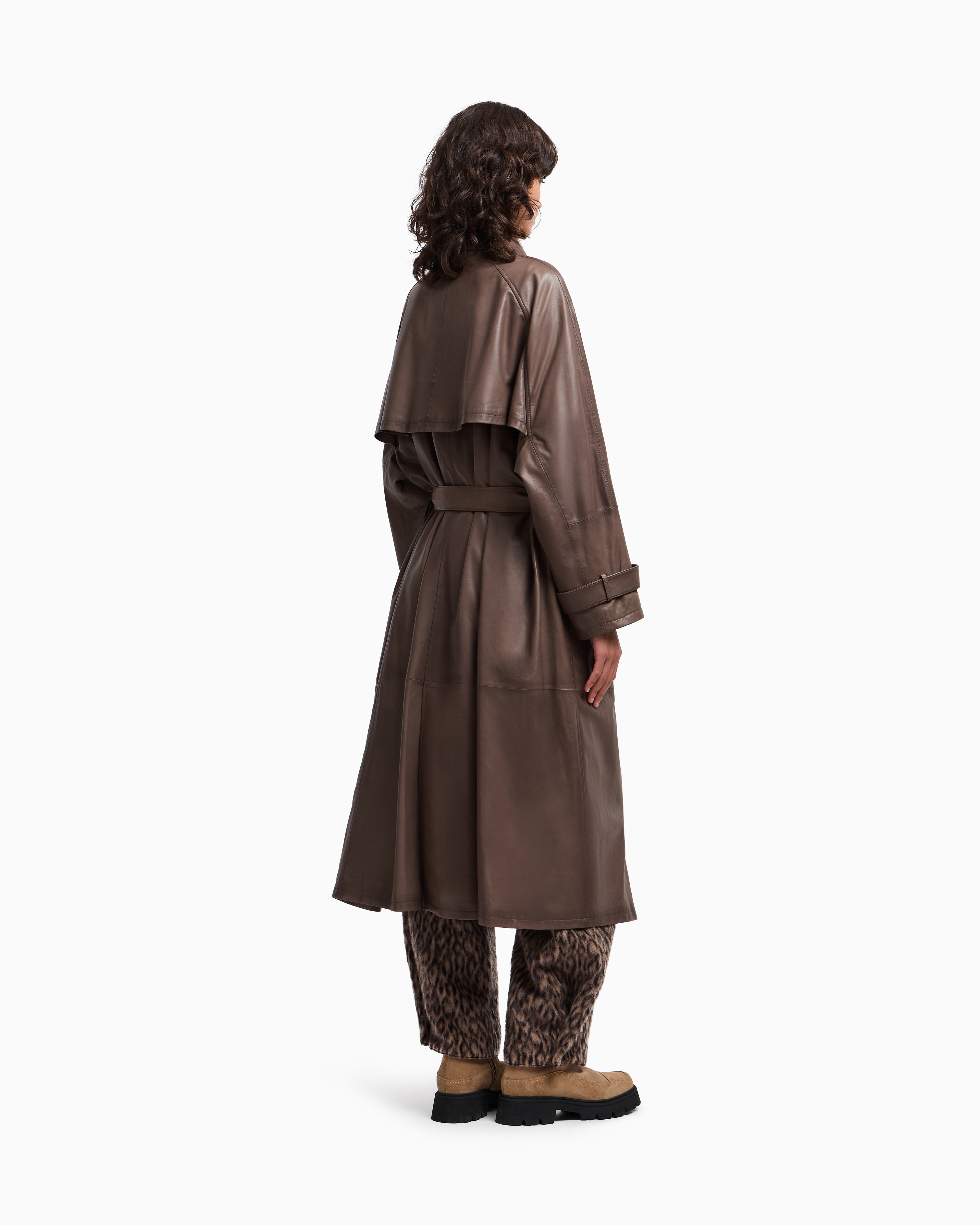 Emporio Armani Nappa-lambskin, Double-breasted Trench Coat With Belt In Brown