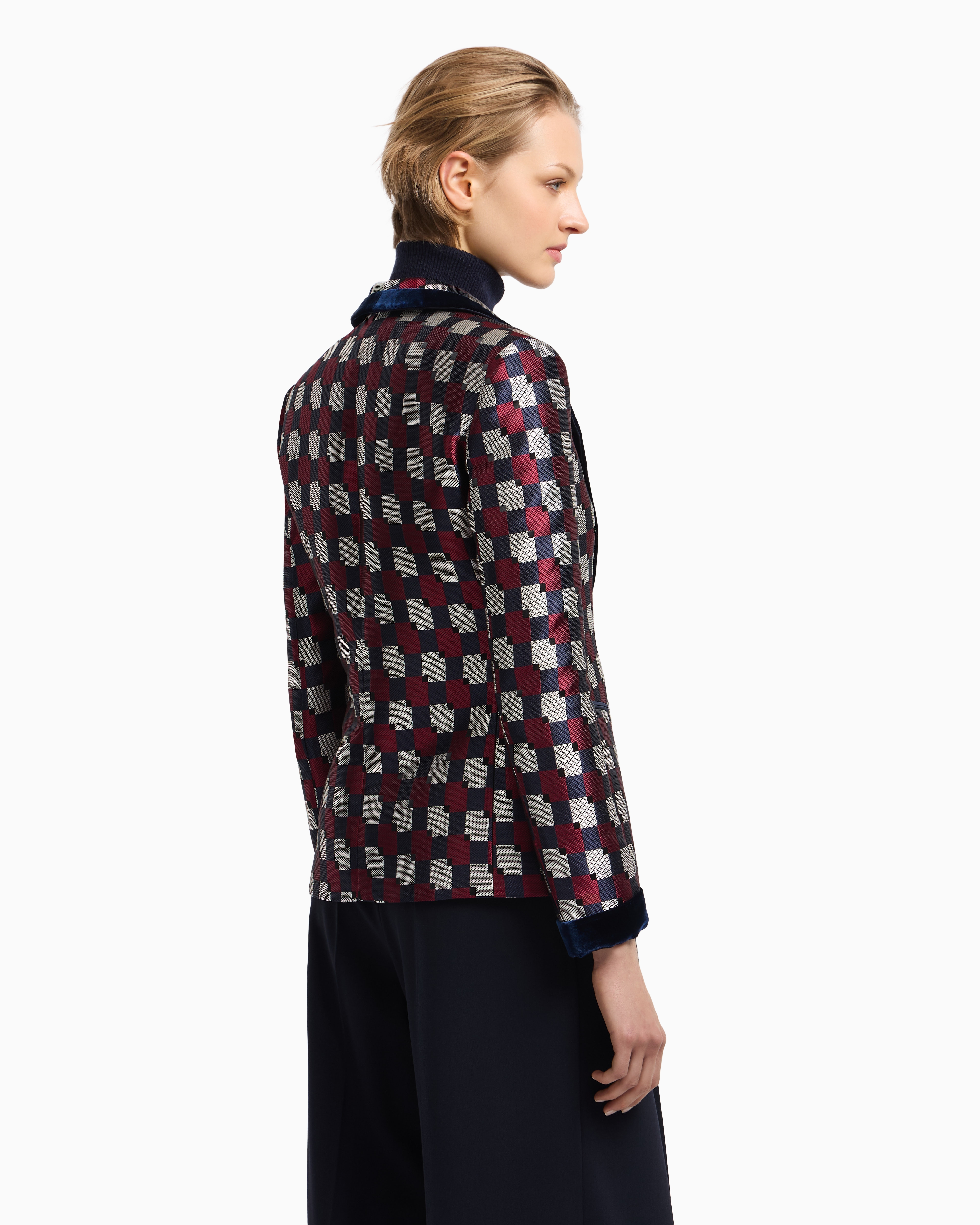 Emporio Armani Geometric Jacquard Blazer With Velvet Details In Multi