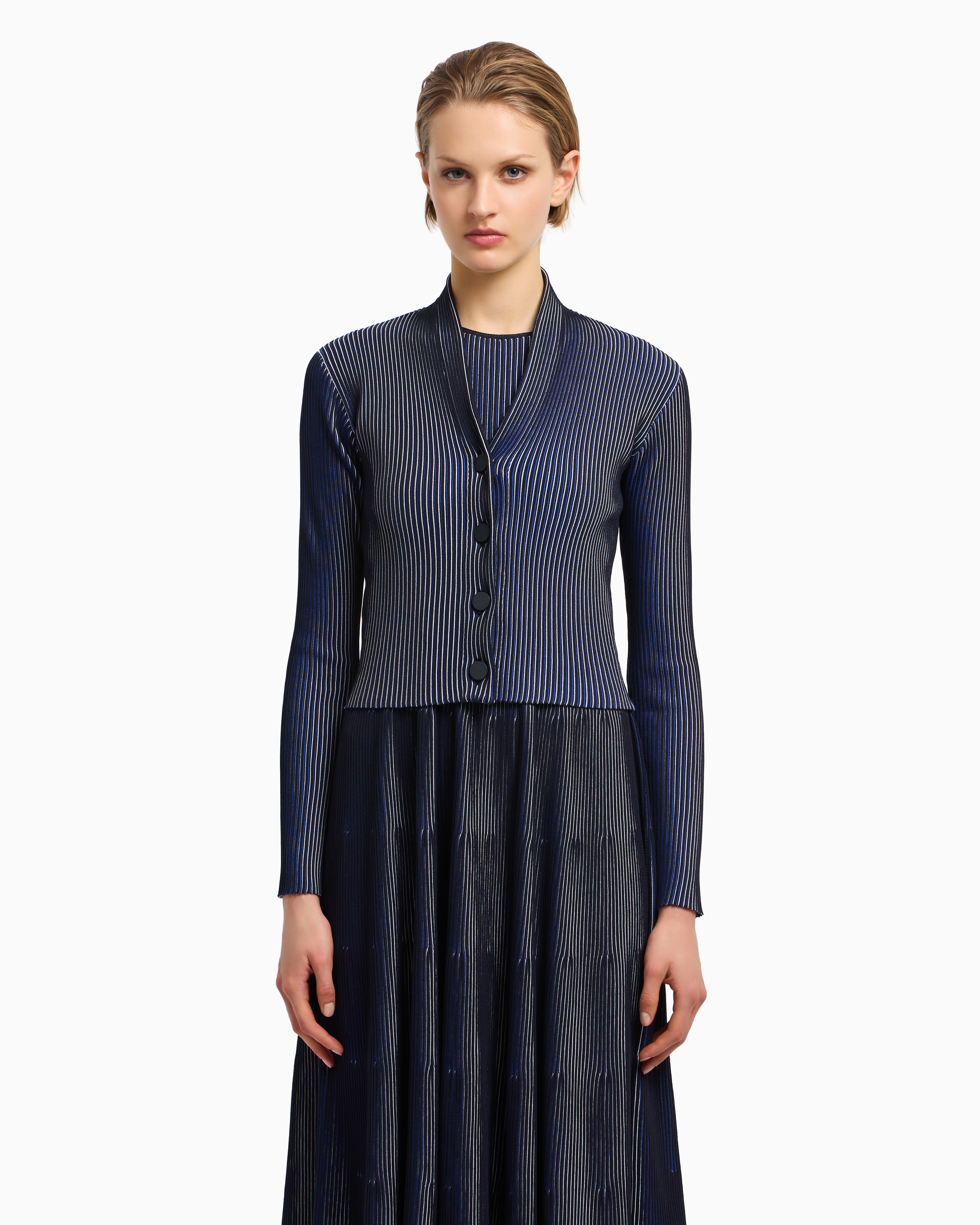 Emporio Armani Bicolor Ribbed Striped Cardigan Sweater In Blue