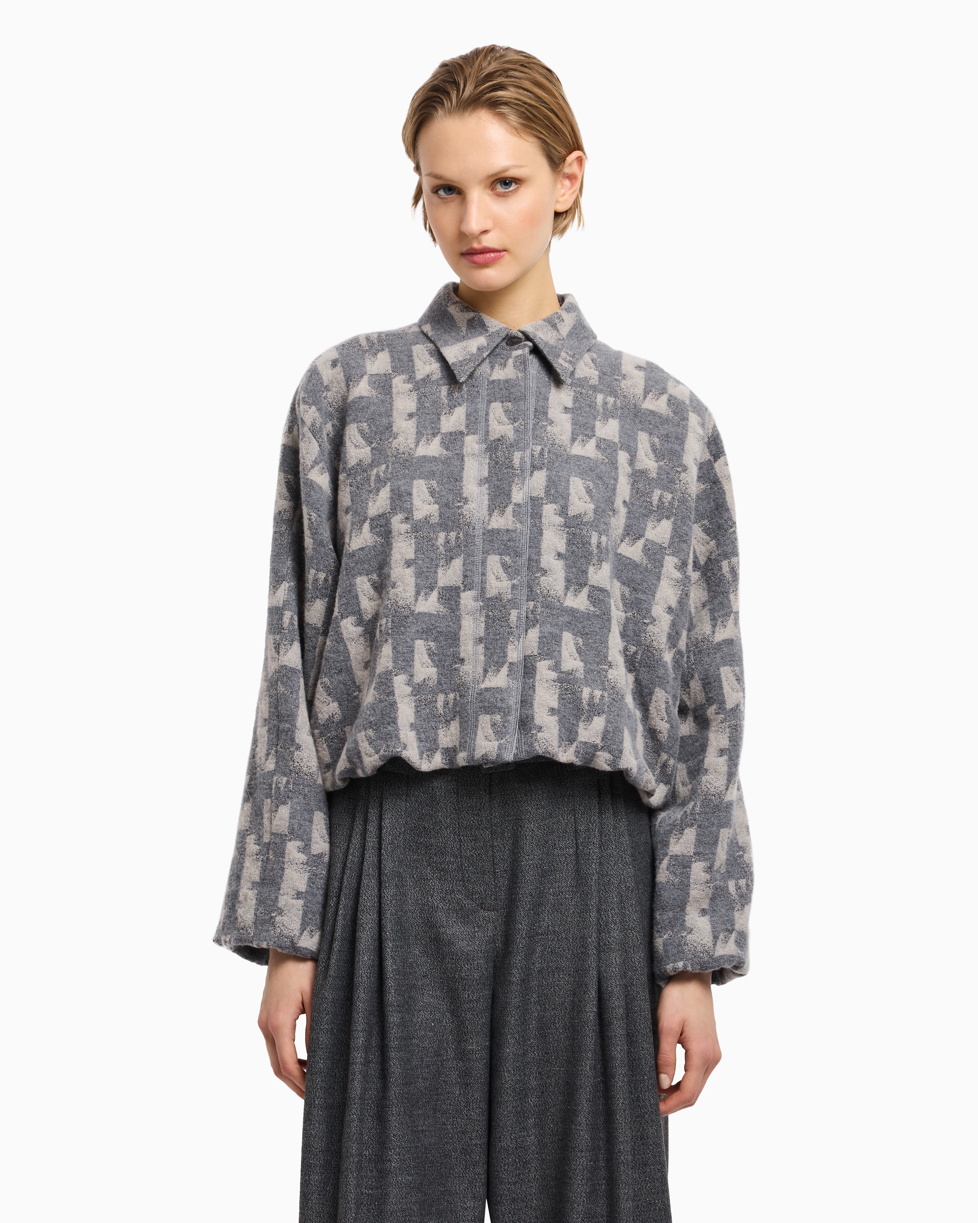 Emporio Armani Jacquard Wool-blend Blouson With An Irregular Geometric Motif In Gray