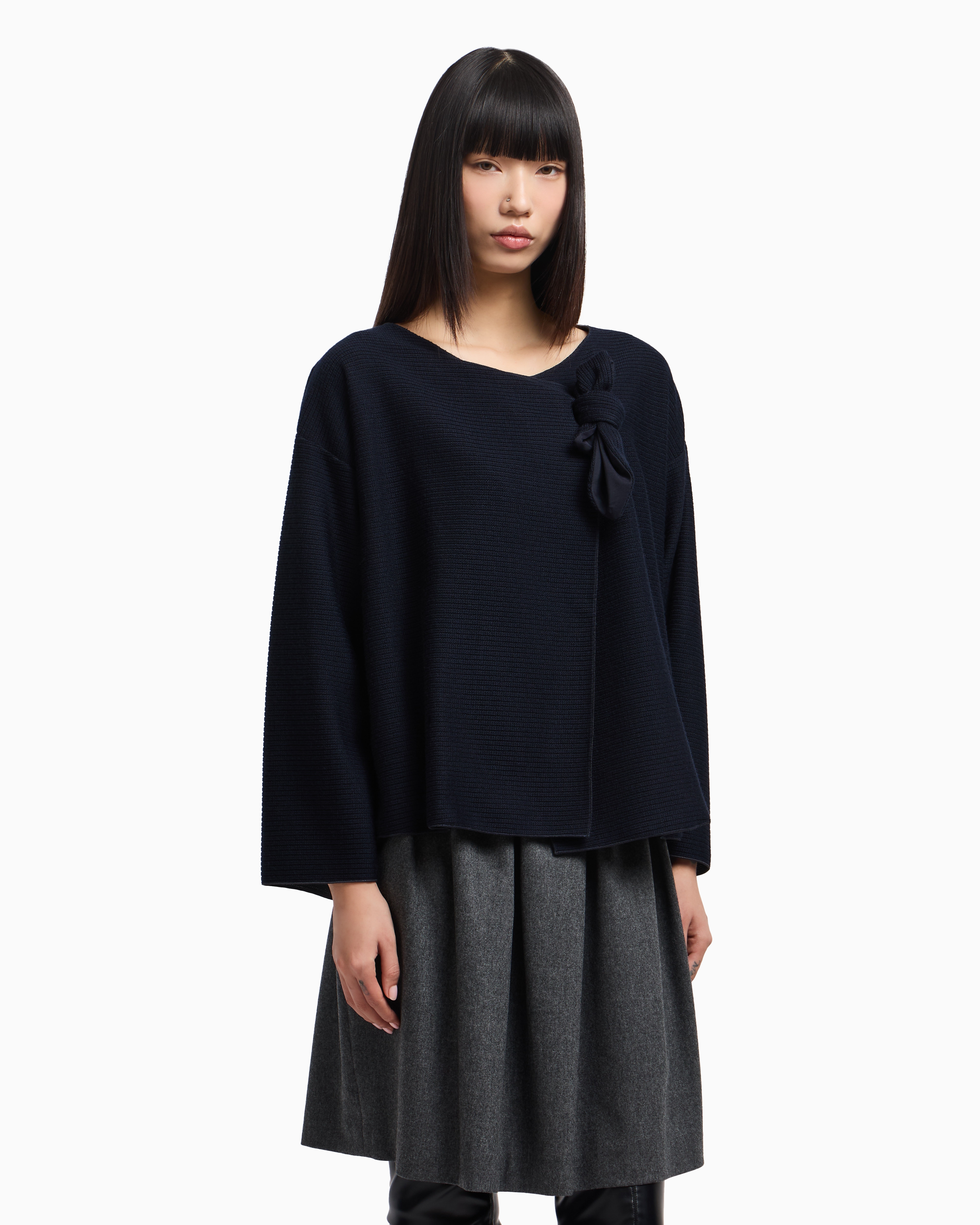 Icon ribbed jacquard jersey jacket with bow | Emporio Armani