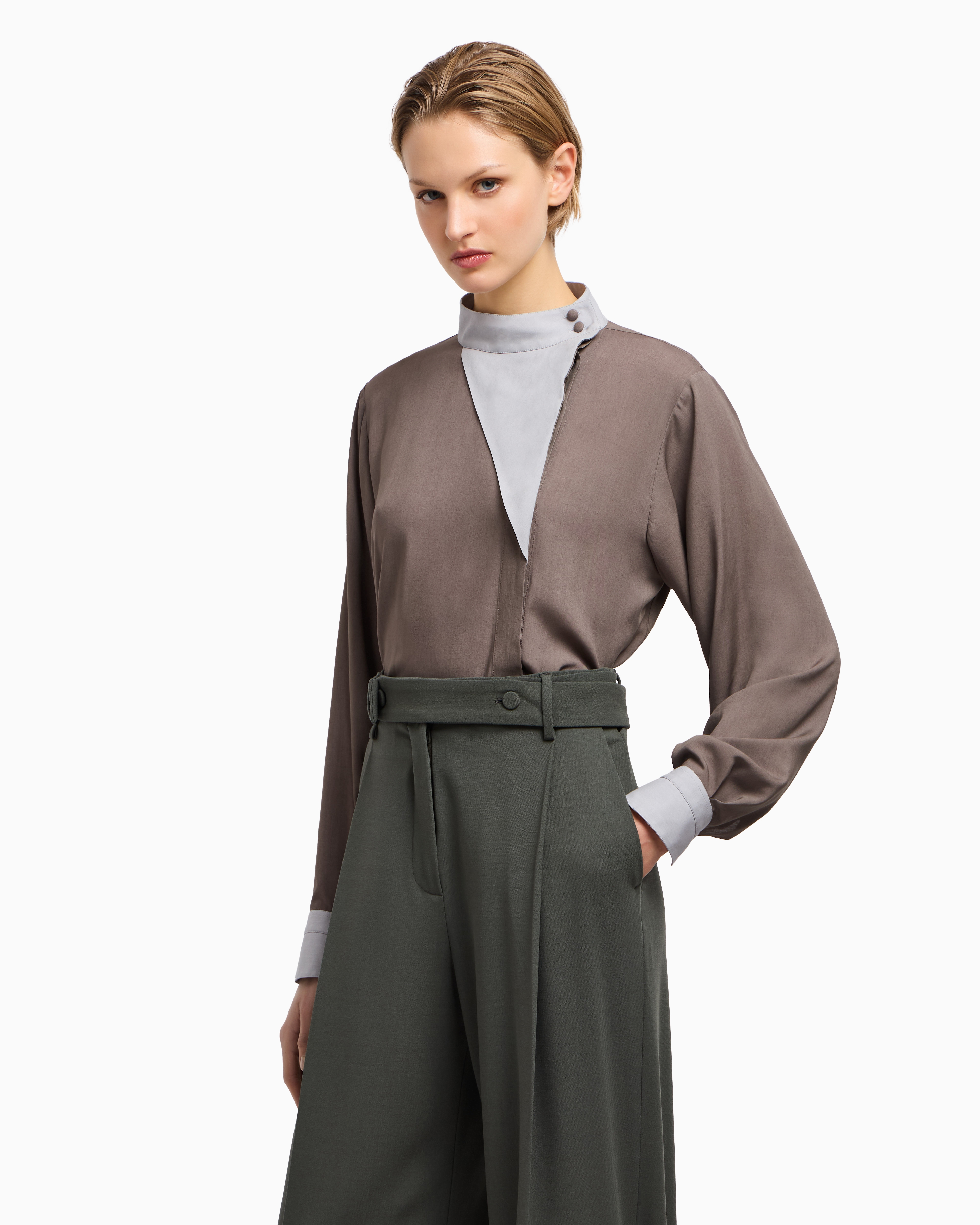 Emporio Armani Chemise À Fermeture Décentrée En Mousseline Fluide In Brown