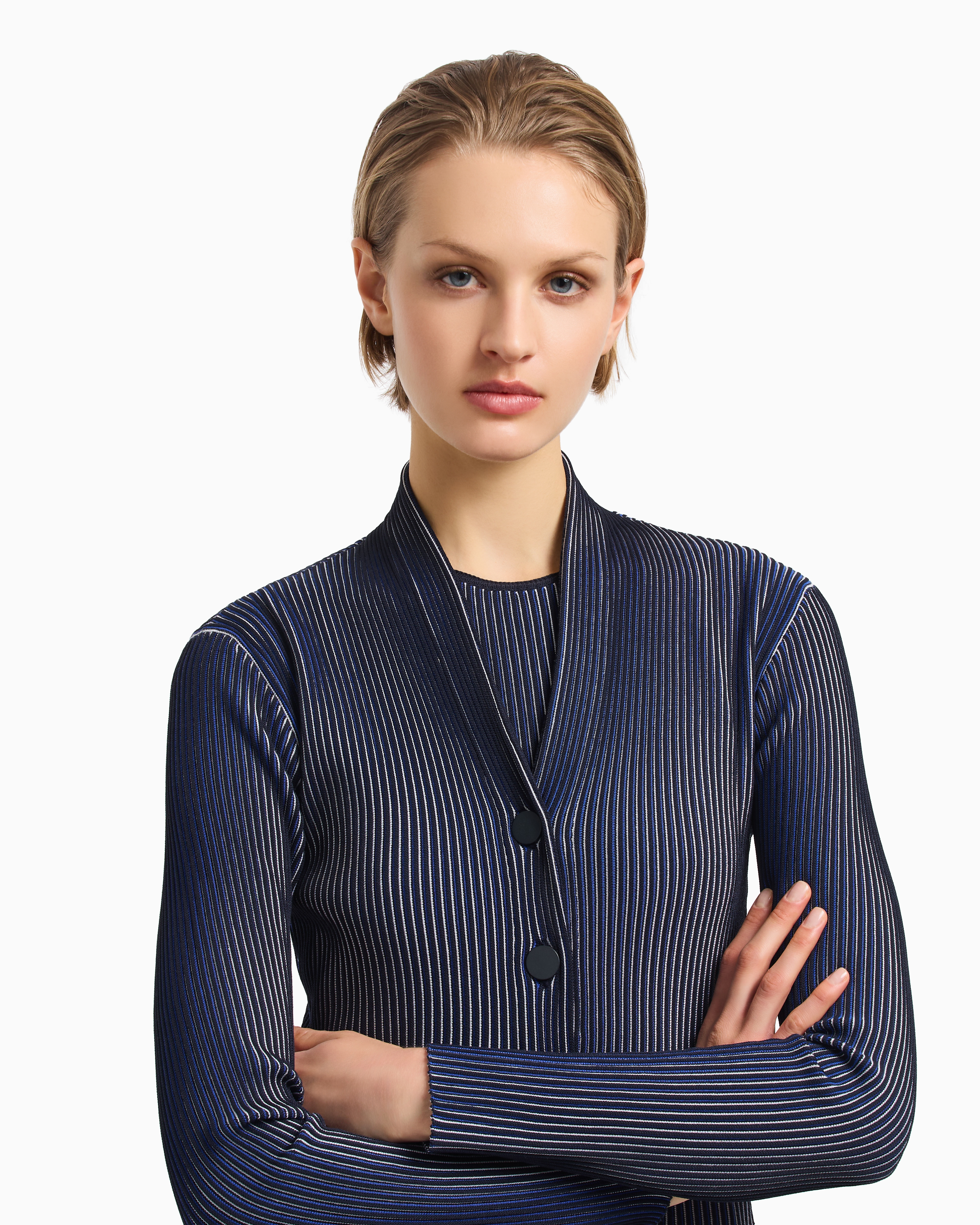 Emporio Armani Bicolor Ribbed Striped Cardigan Sweater In Blue