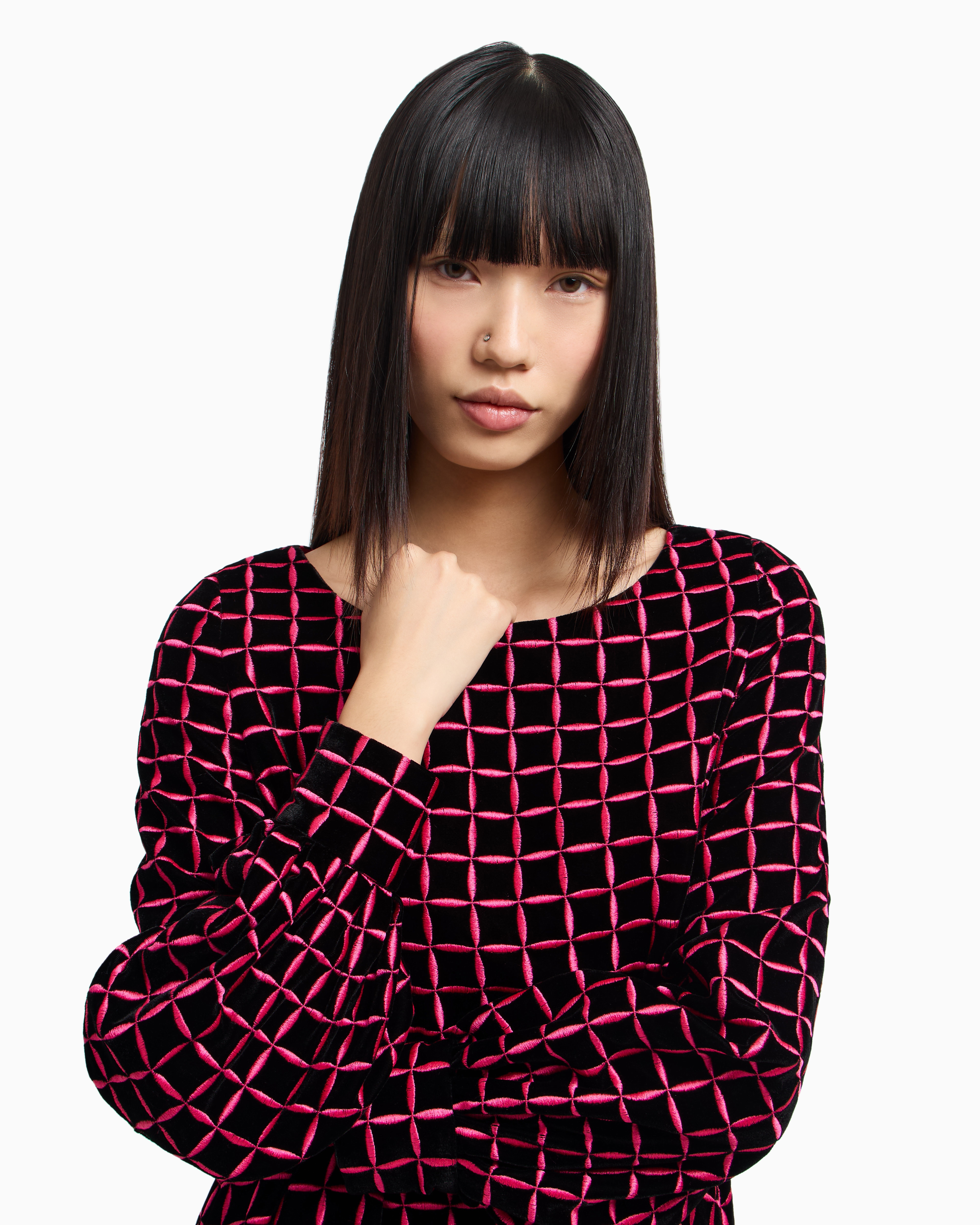 Emporio Armani - Short, velvet dress with embroidered check motif, Woman, Pink, Size: