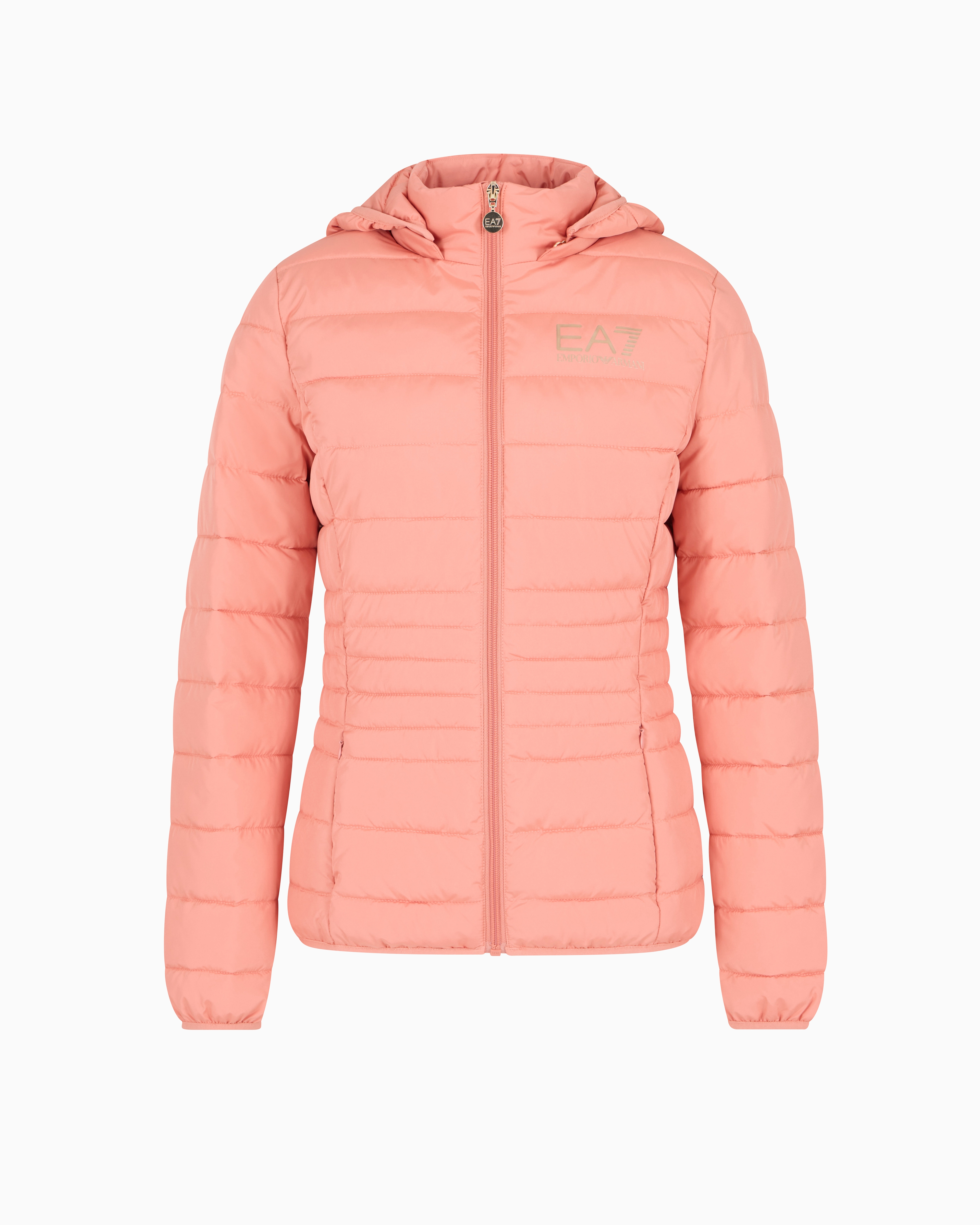 Ea7 Pink Core Lady Recycled Technical Fabric Padded Hooded Jacket Large