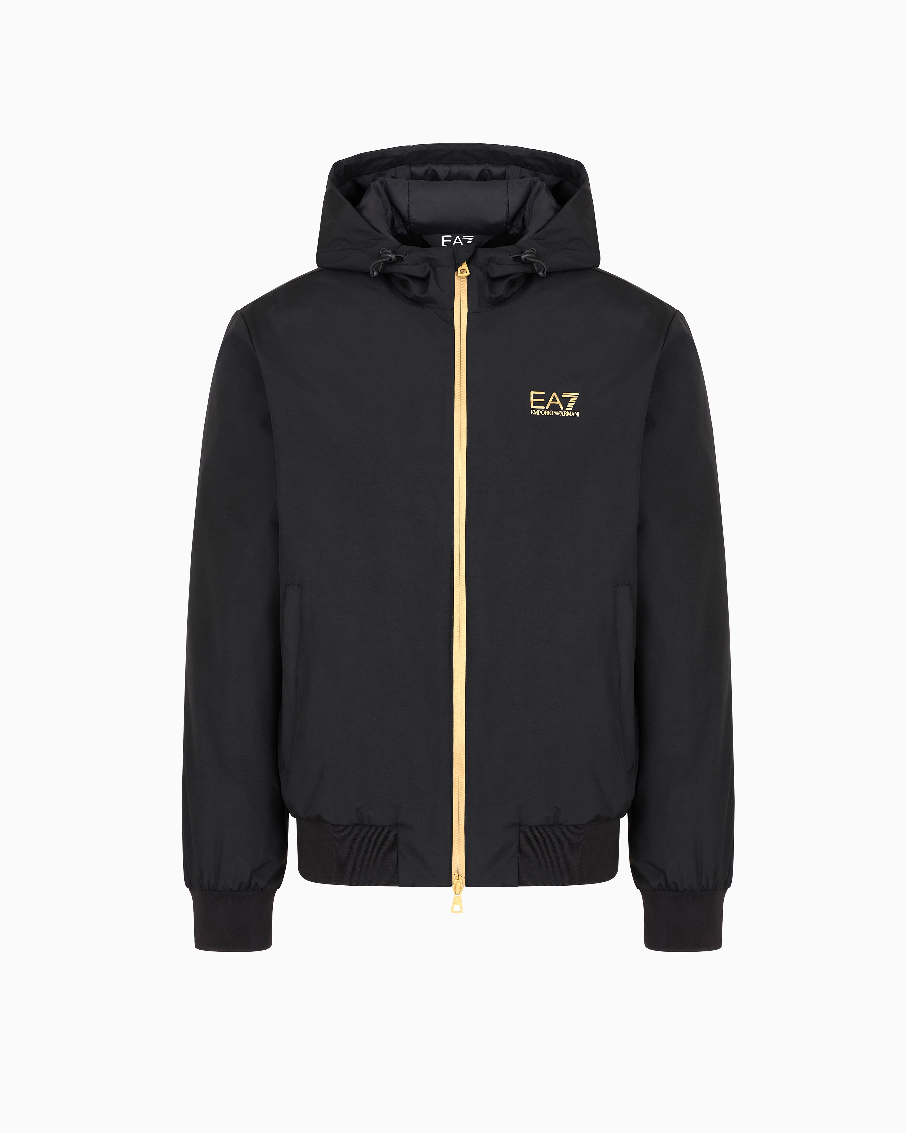 Ea7 Black Core Identity Hooded Bomber In Technical Fabric Xxs