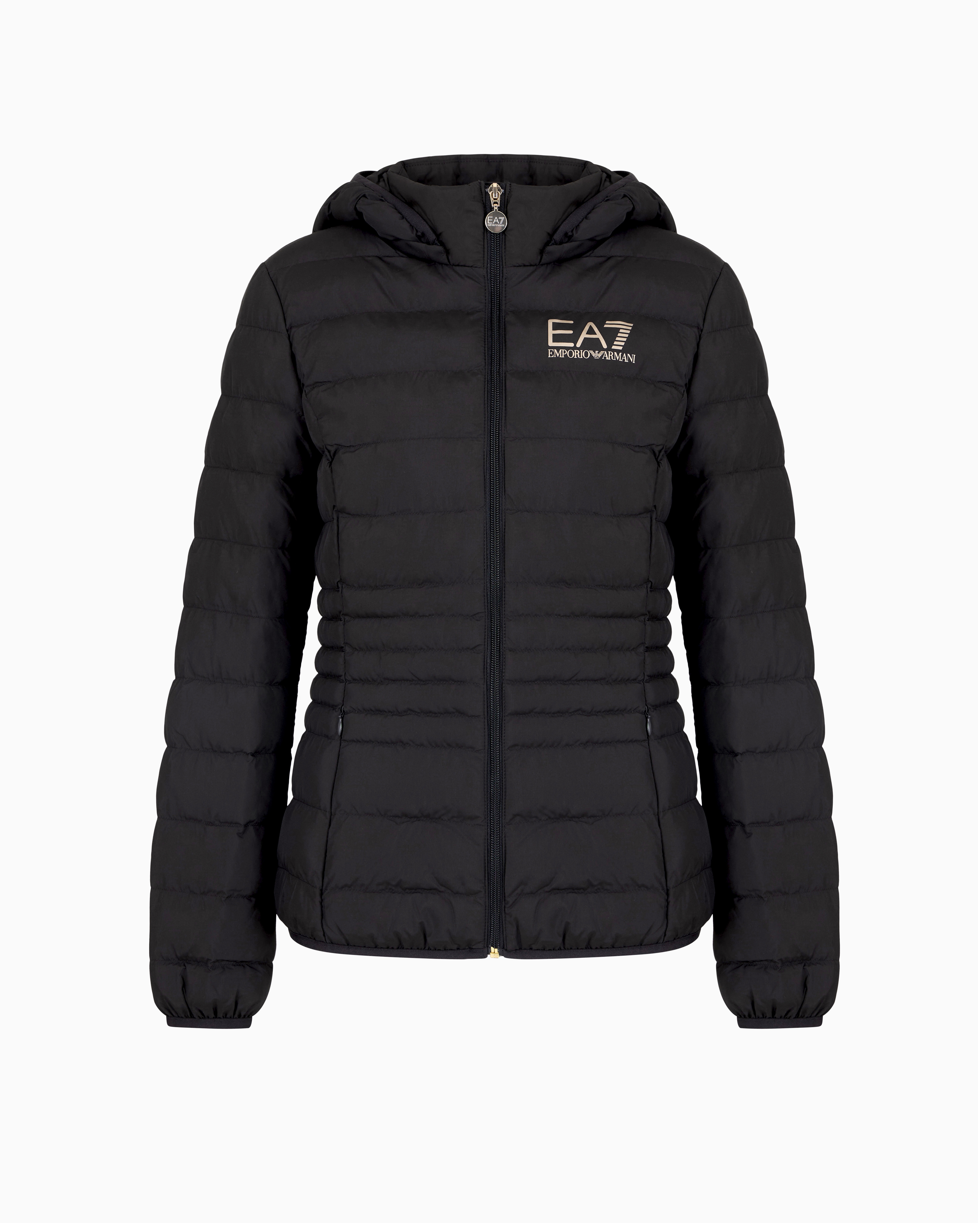 Ea7 Black Core Lady Recycled Technical Fabric Padded Hooded Jacket Small