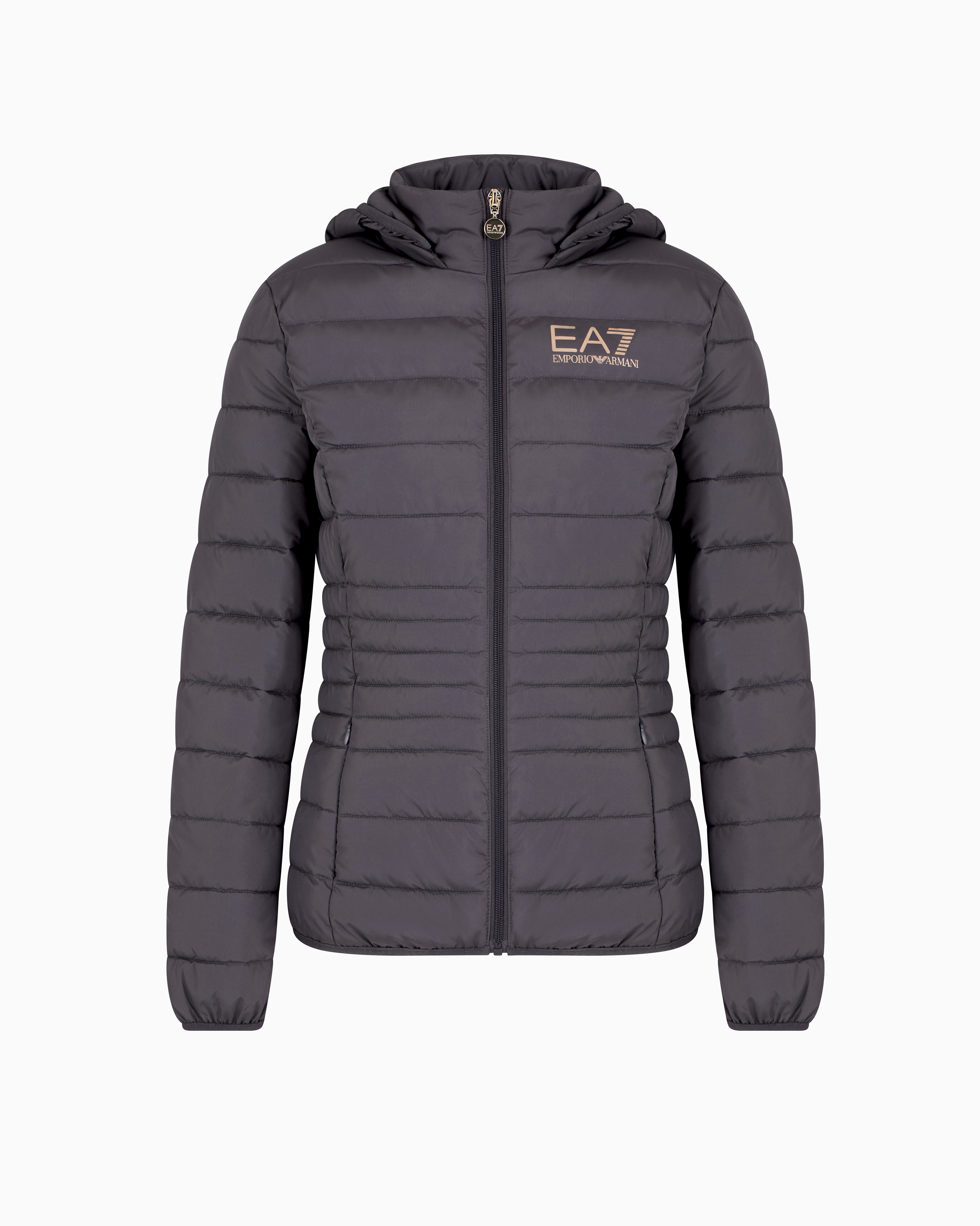 Ea7 Grey Core Lady Recycled Technical Fabric Padded Hooded Jacket Large