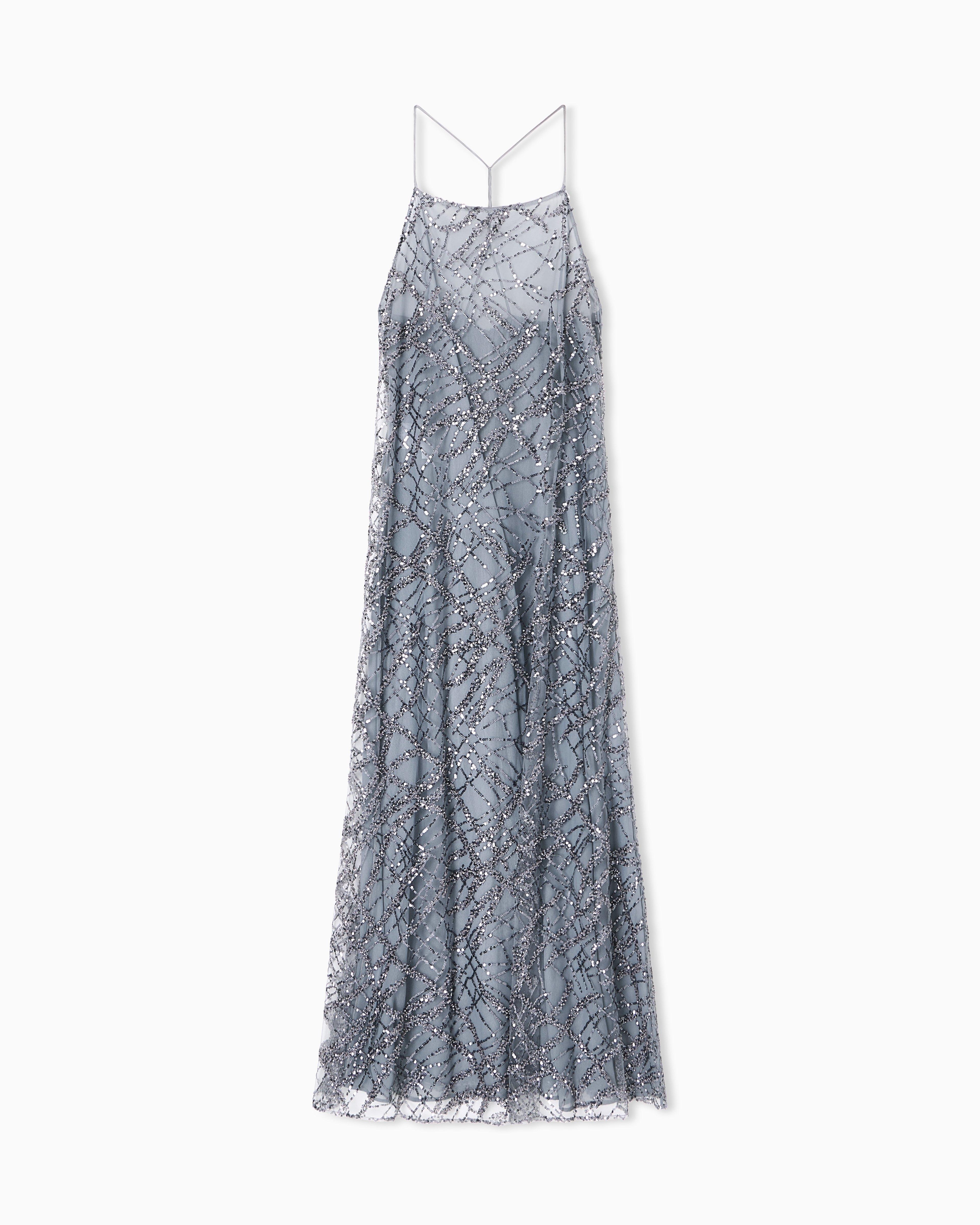 Emporio Armani - Long tulle dress with all-over micro-sequin and jet embroidery, Woman, Grey, Size: