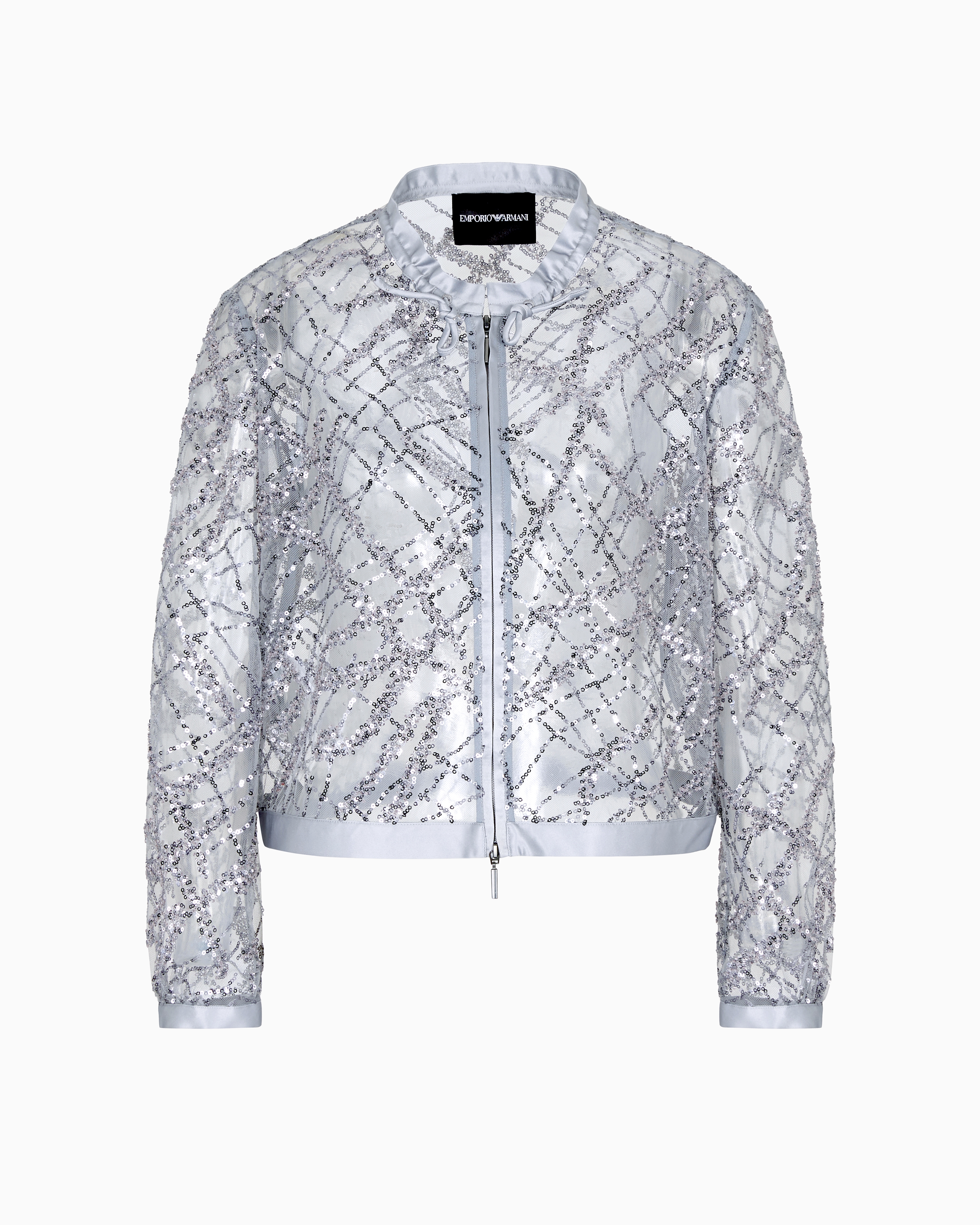 Emporio Armani - Zipped bolero tulle with all-over micro-sequin and jet embroidery, Woman, Grey, Size: