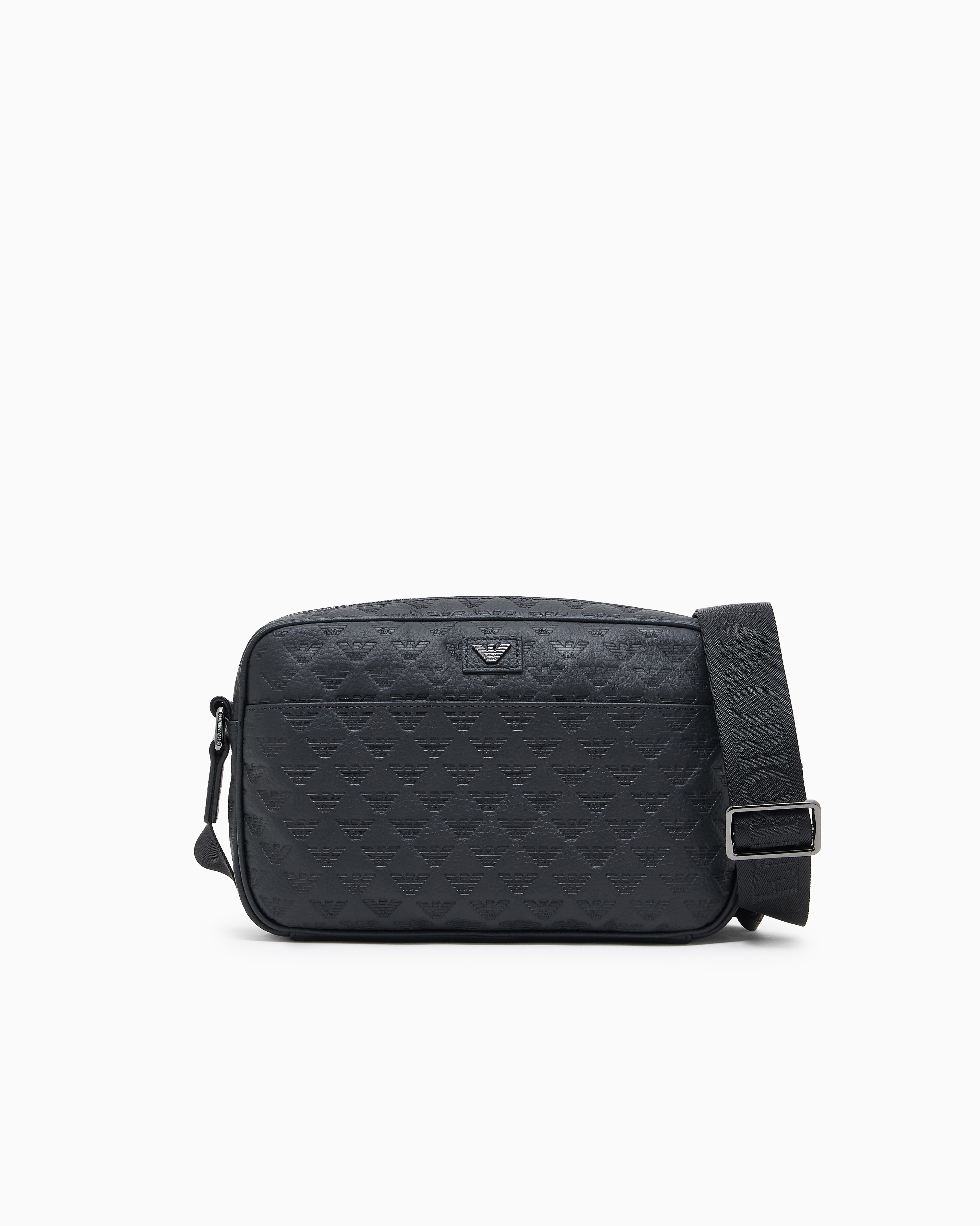 Emporio Armani - Leather shoulder bag with all-over embossed eagle, Man, Black, Size: TU