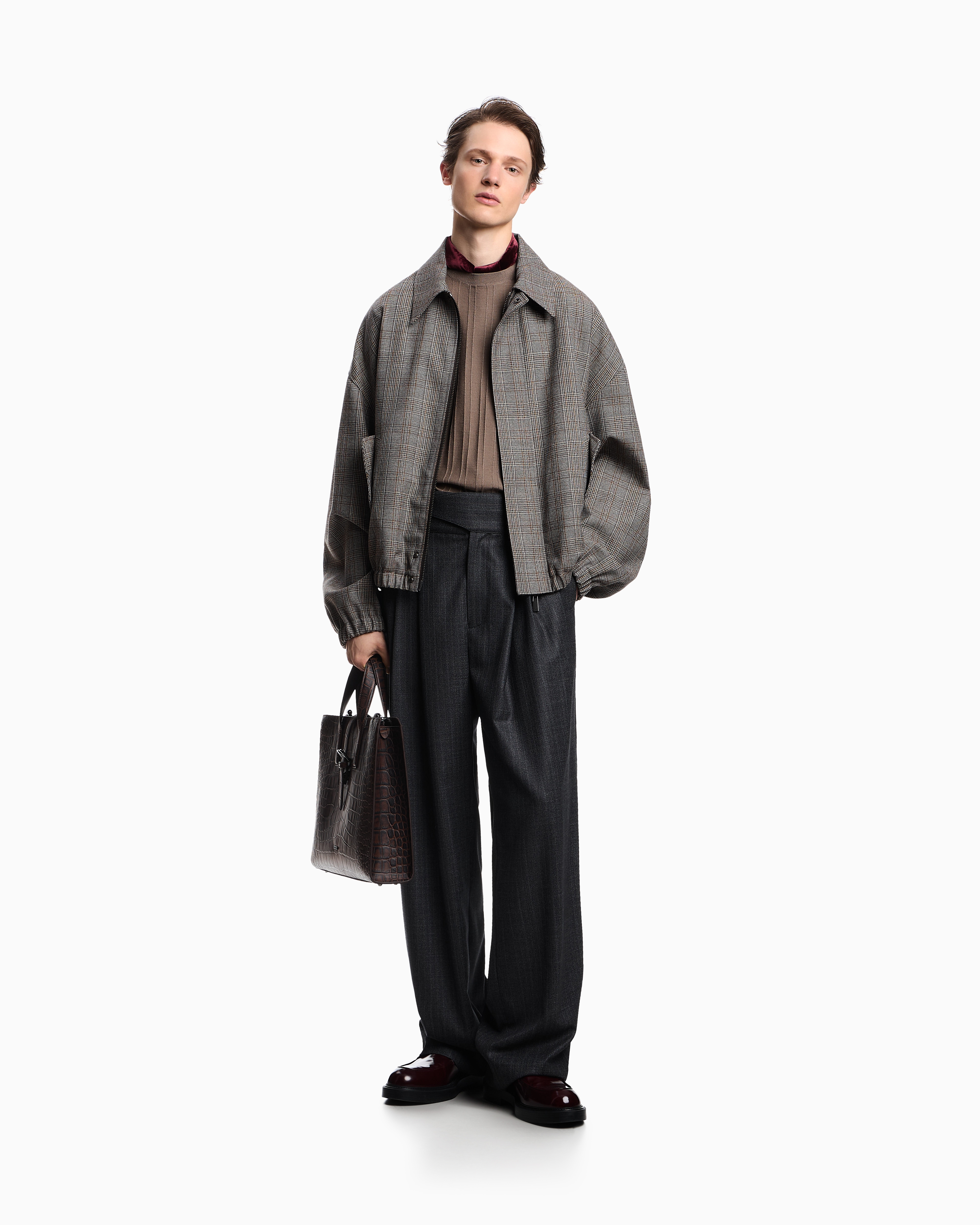 Emporio Armani Virgin Wool Jumper With Embossed Jacquard Pattern In Brown