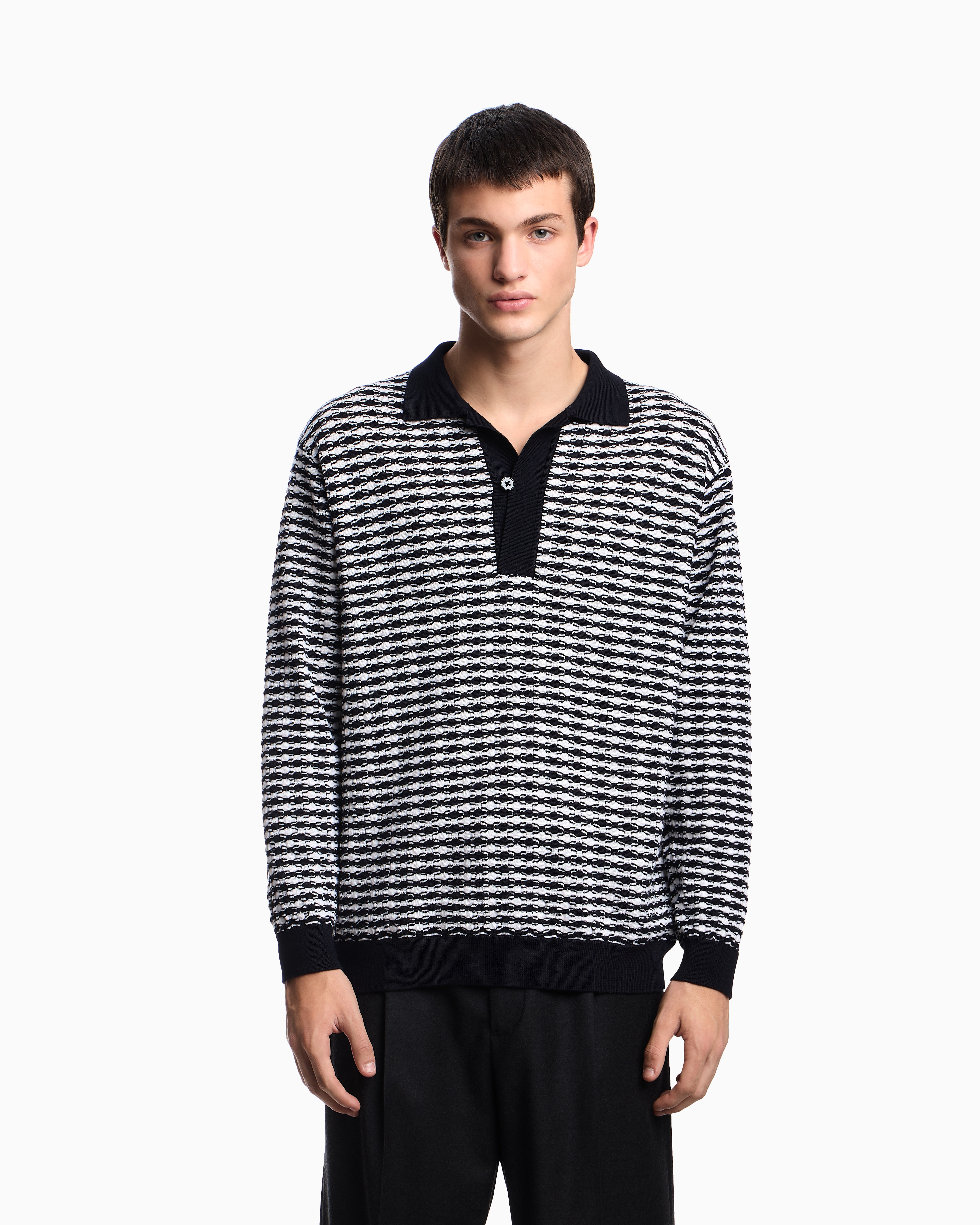 Emporio Armani Icon Virgin-wool Jumper With Polo-shirt Collar And Embossed Knit
