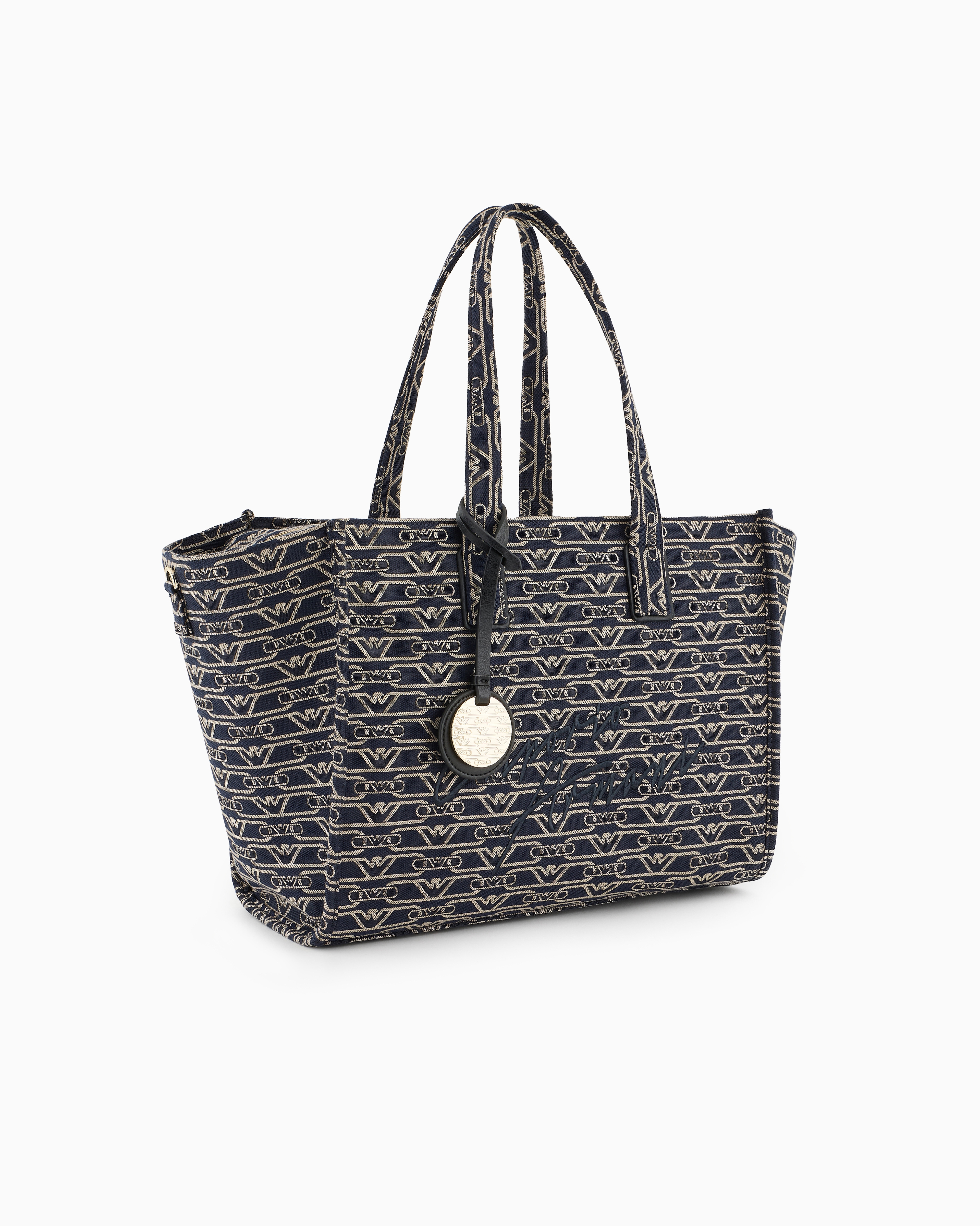 エンポリオアルマーニ トートバッグ エンボス オールレザー 総柄 ブラック Medium shopper bag in jacquard canvas with all-over monogram