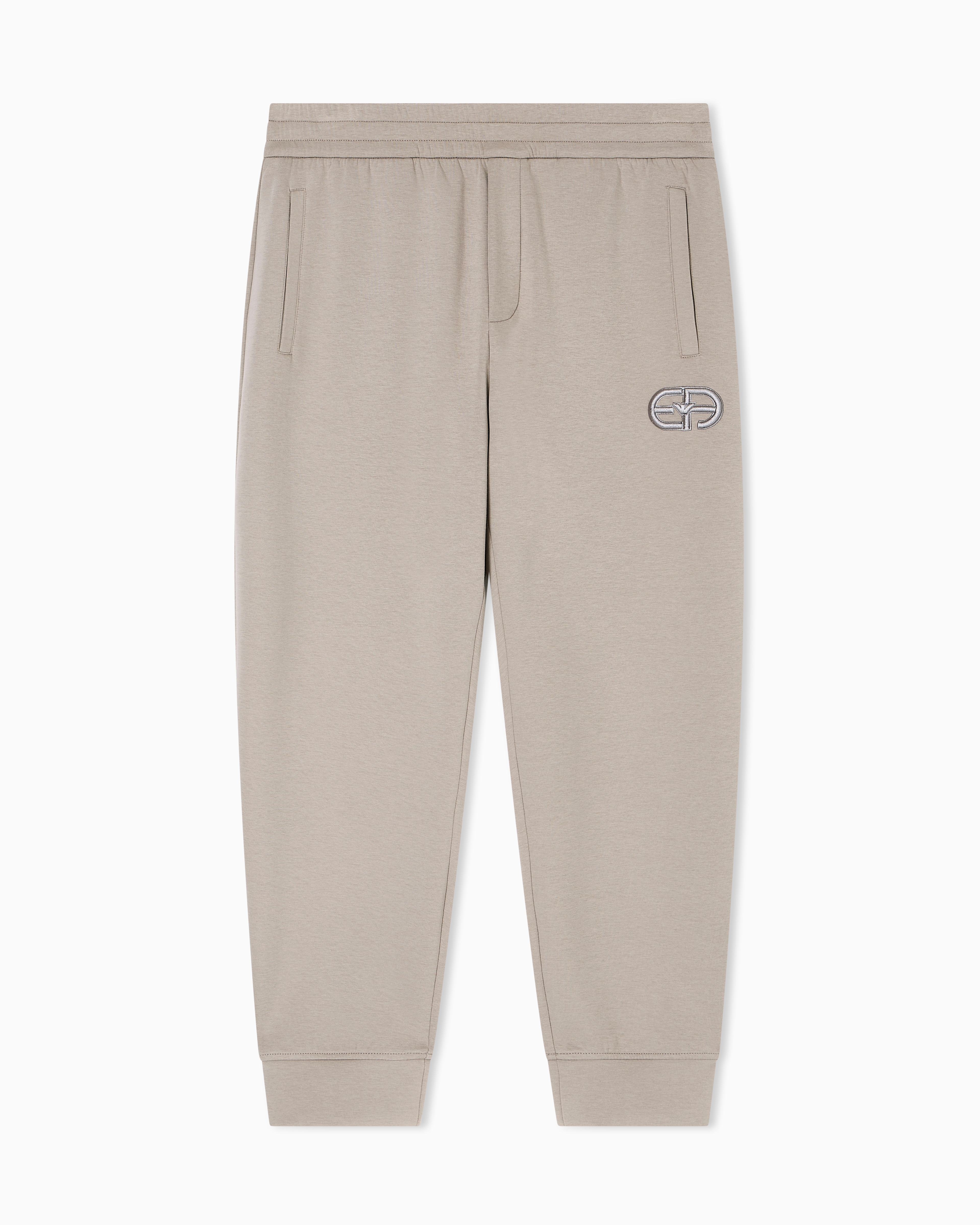 Emporio Armani - Double-jersey joggers with embossed embroidered EA logo, Man, Beige, Size:
