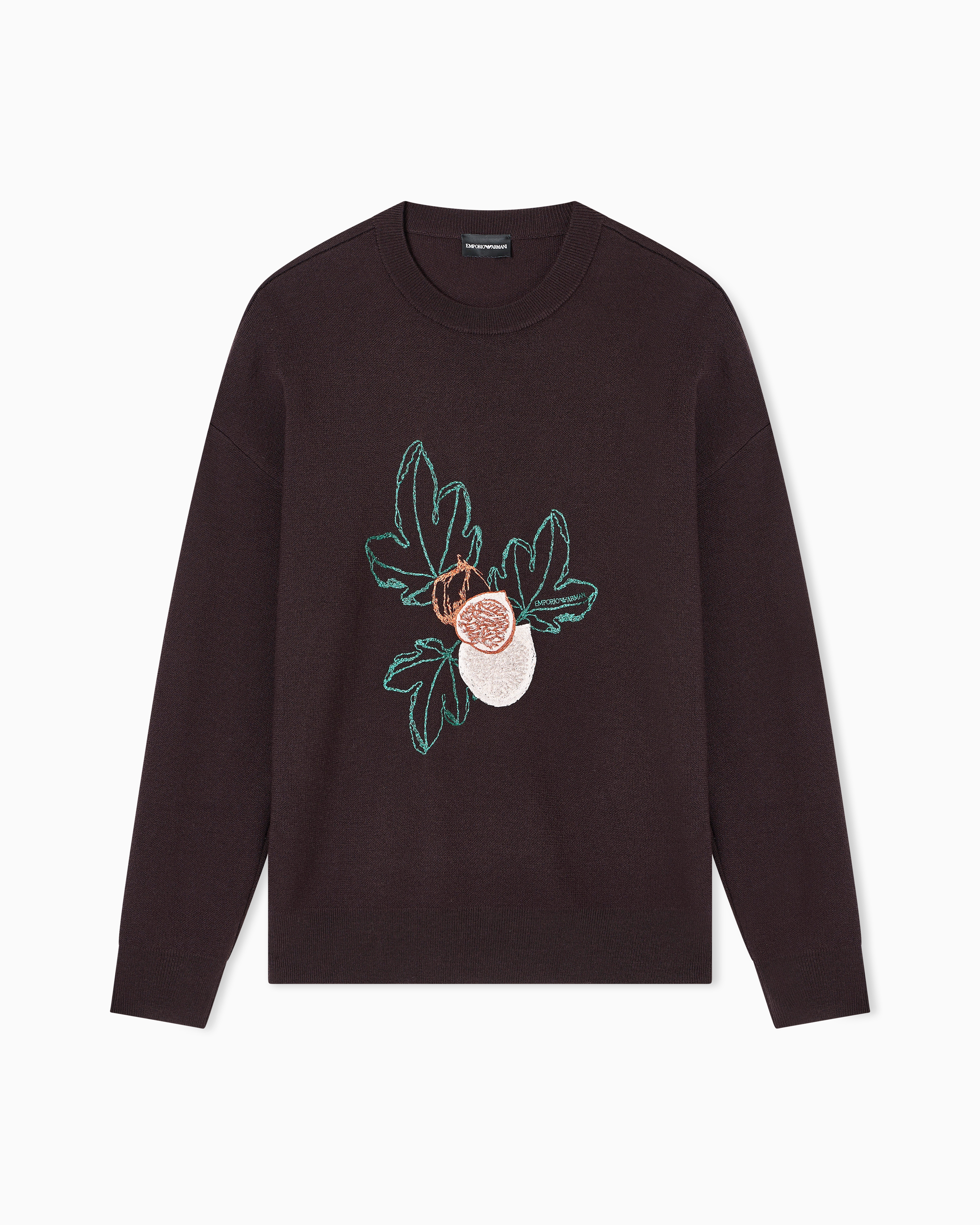 Emporio Armani - Virgin-wool plain-knit jumper with foliage embroidery, Man, Brown, Size: