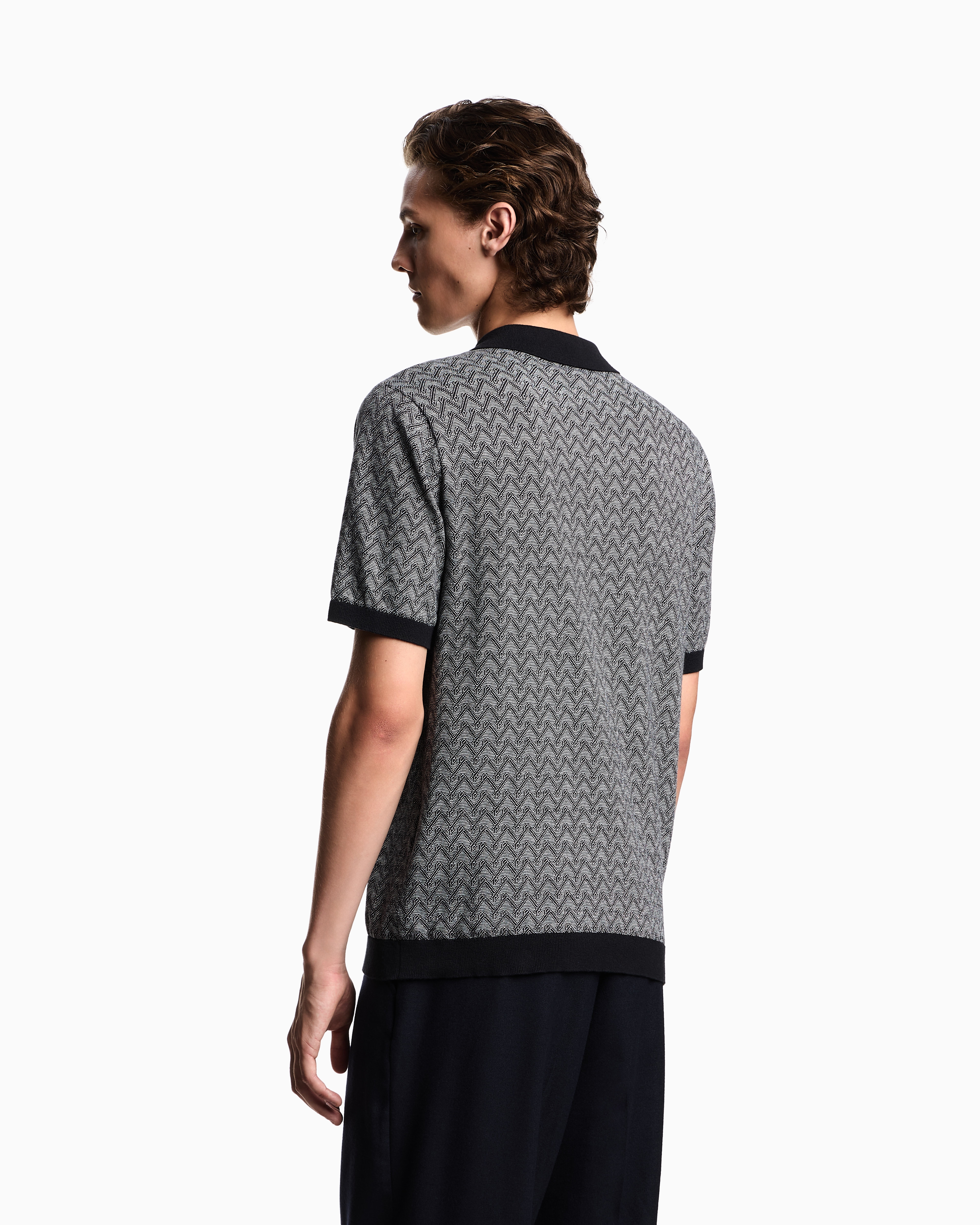 Emporio Armani Icon Polo-collar Jumper In Chevron-motif Jacquard In Gray