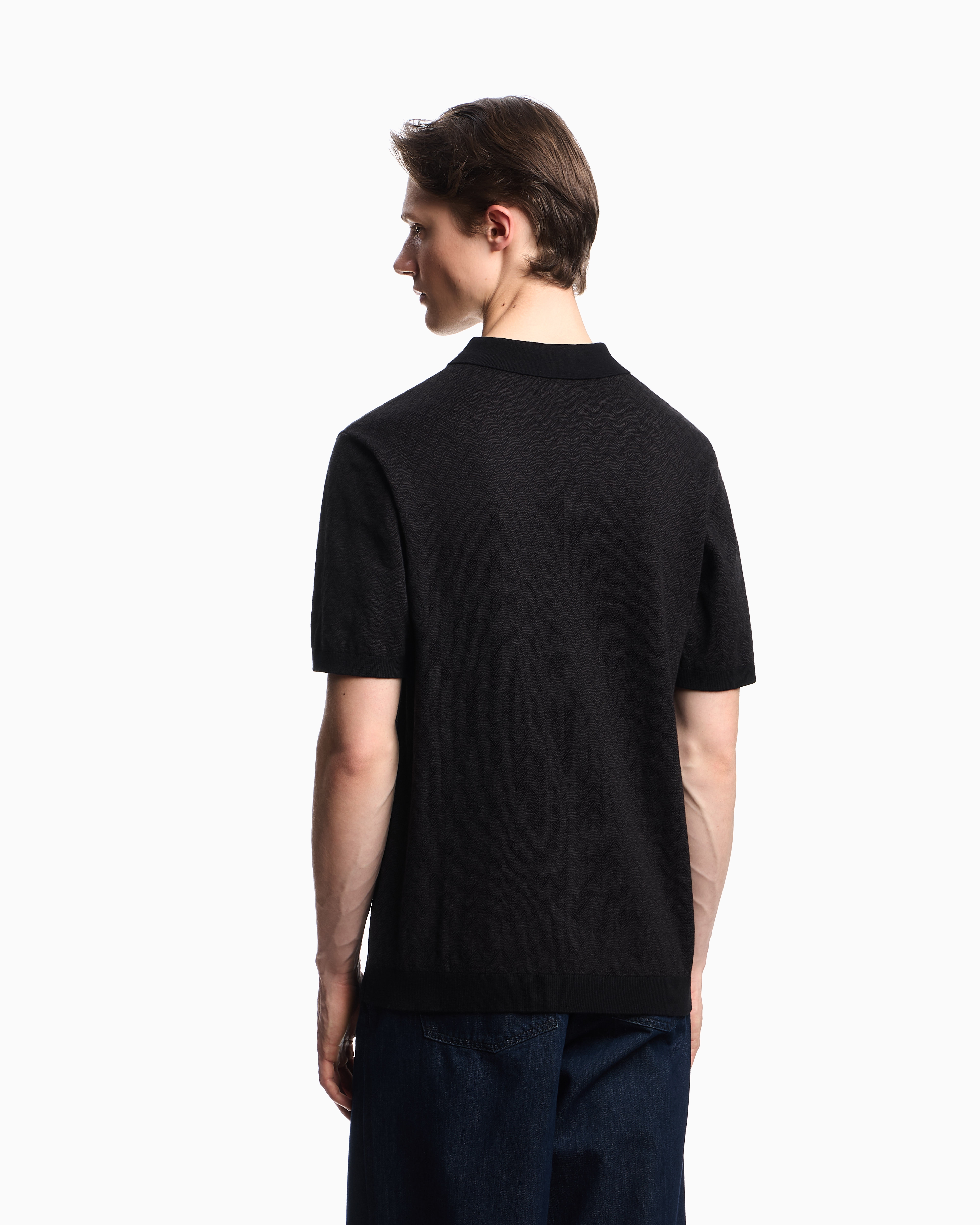 Emporio Armani Icon Polo-collar Jumper In Chevron-motif Jacquard In Black