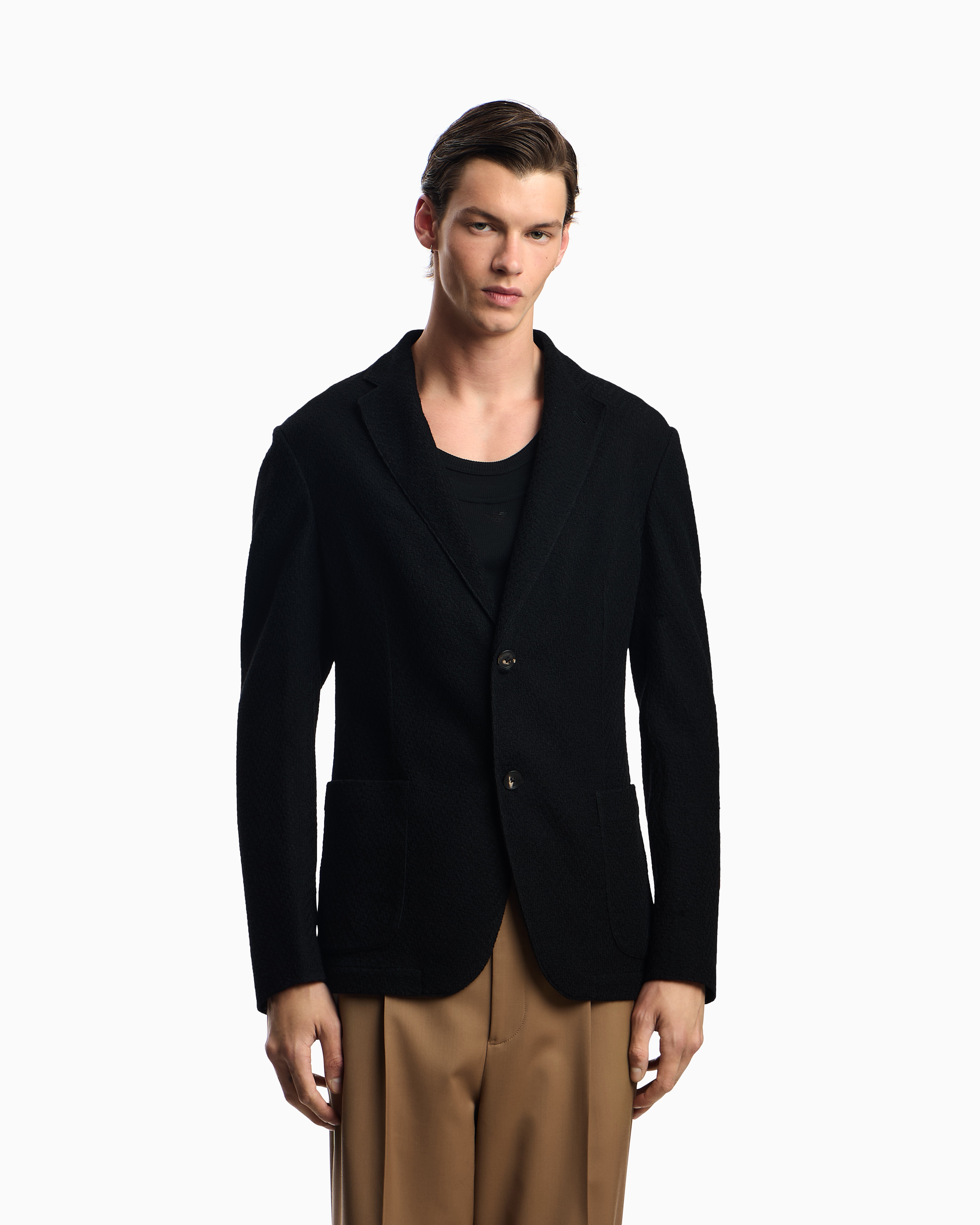 Emporio Armani Icon Single-breasted Jacket In Chevron-motif Wool In Black