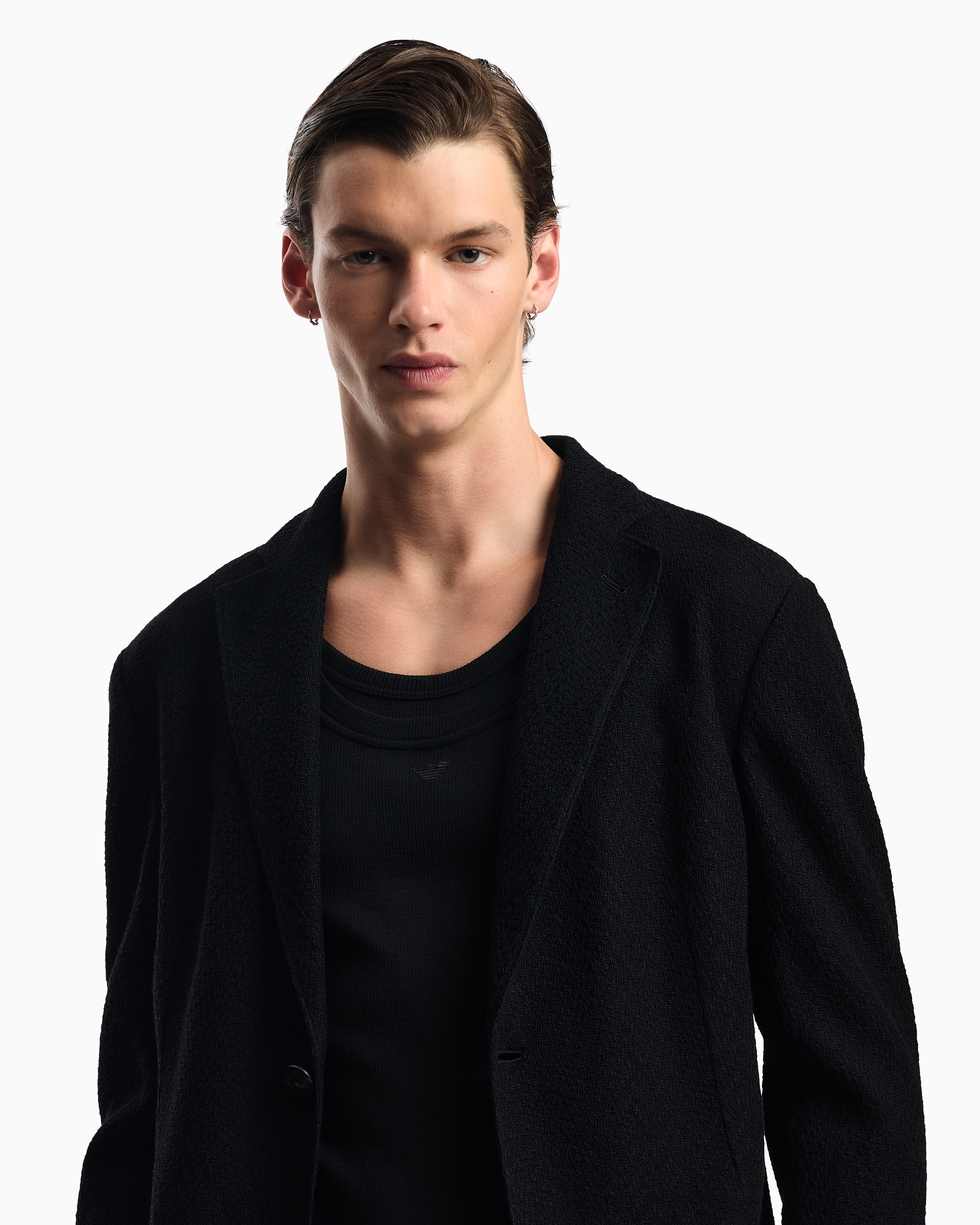 Emporio Armani Icon Single-breasted Jacket In Chevron-motif Wool In Black