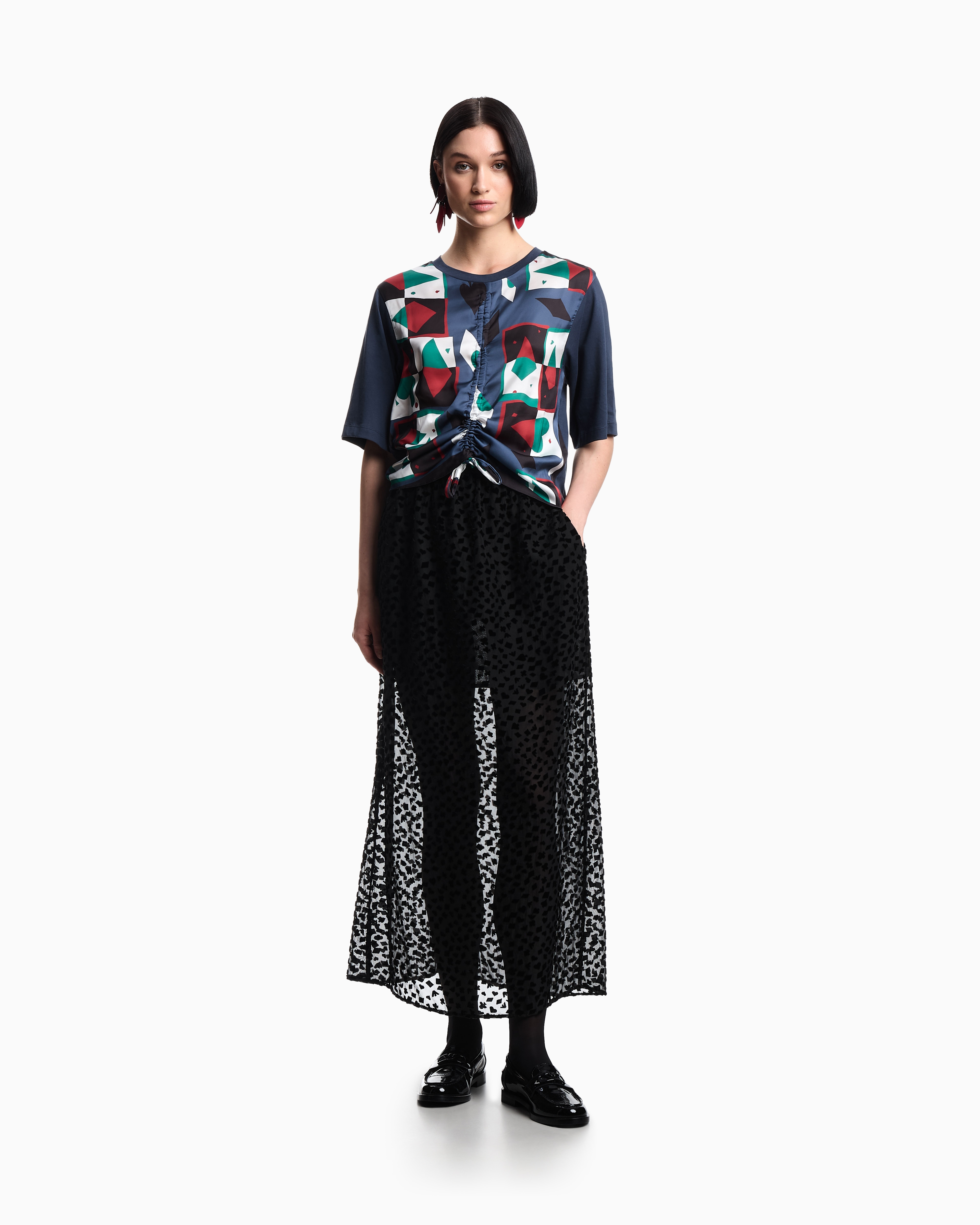 Emporio Armani Asv Jeu De Cartes Long Skirt In Devoré Tulle