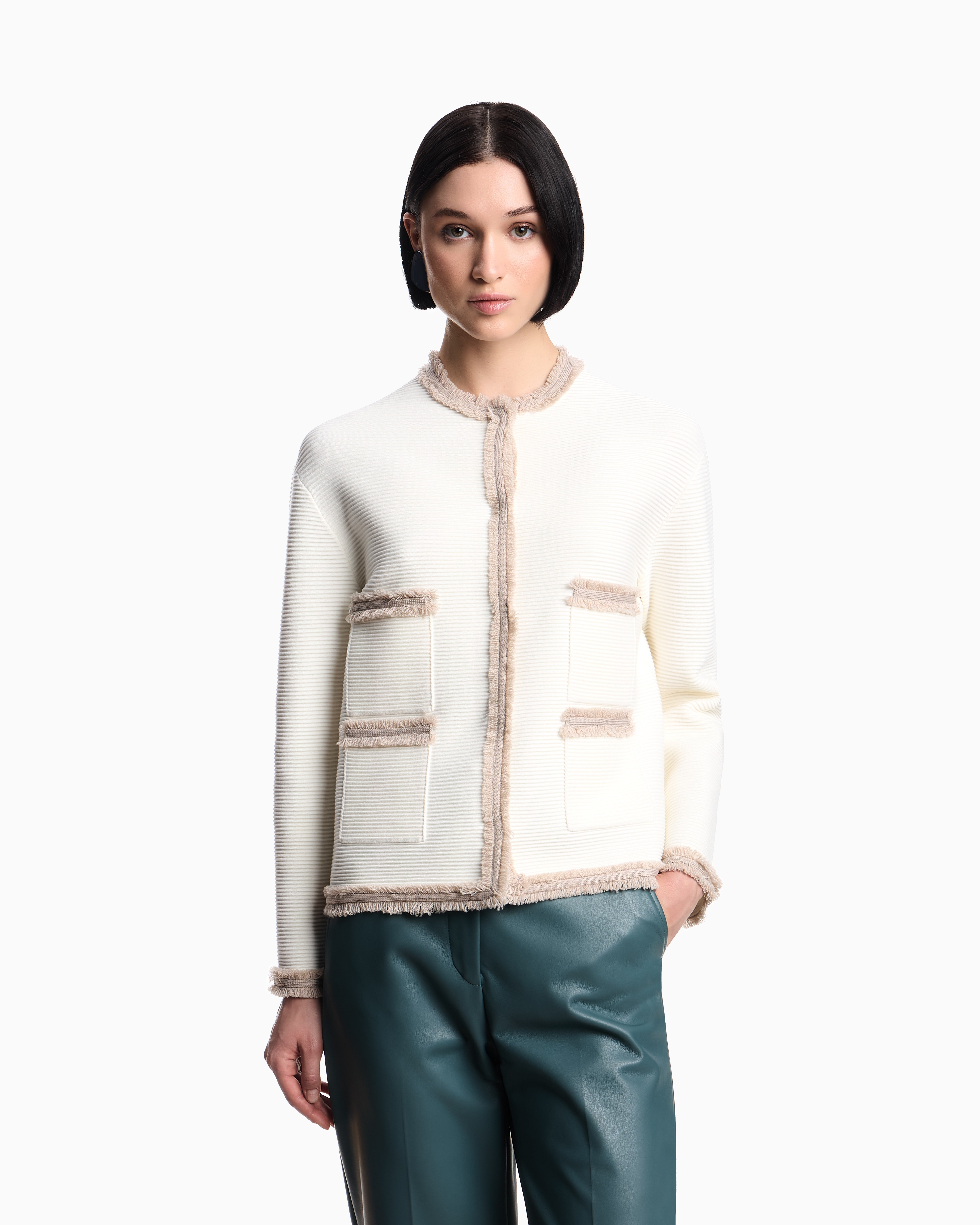 Emporio Armani Ottoman Stitch Knit Jacket With Fringe Hems