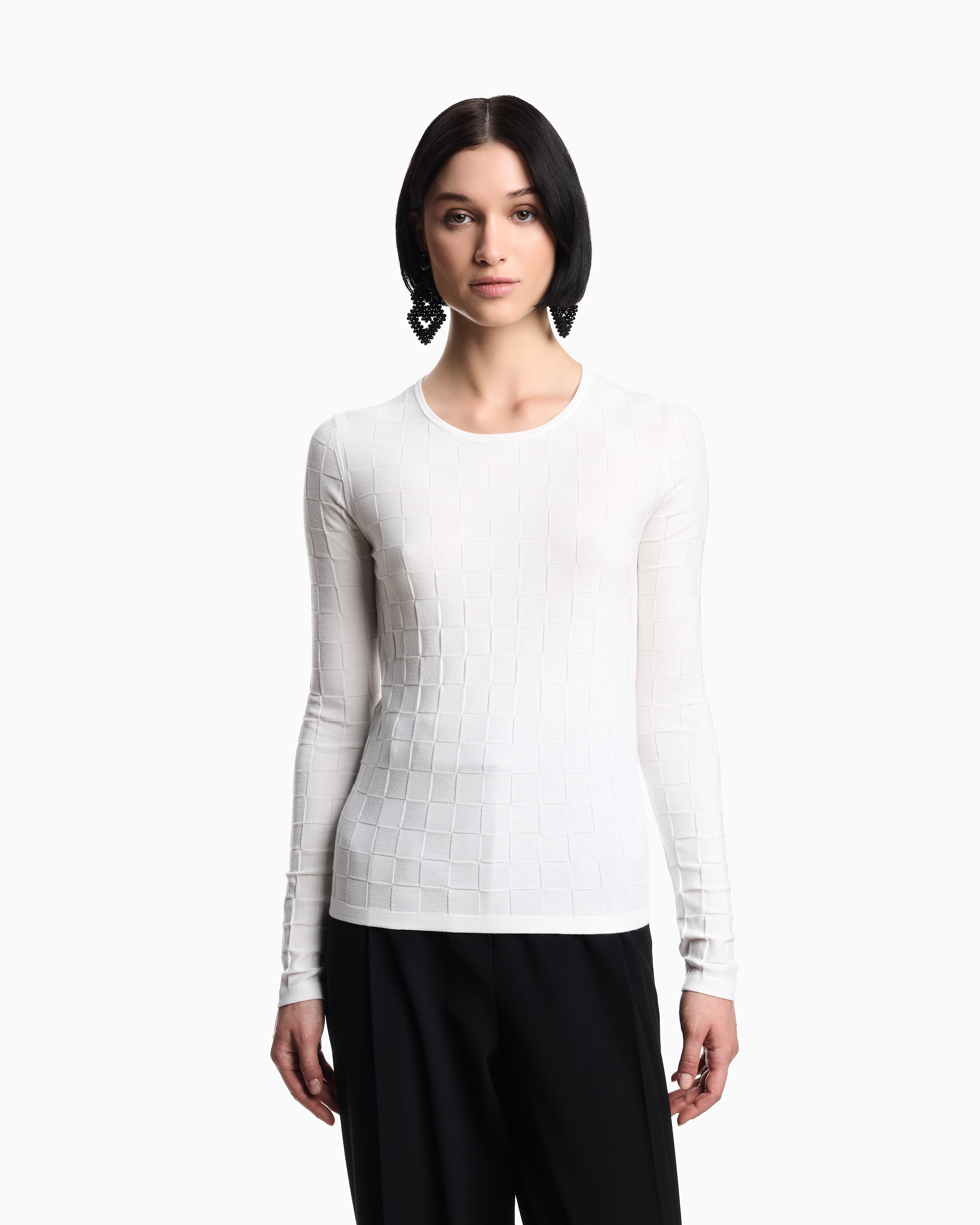 Emporio Armani Check-effect Knit Front And Back Viscose Jumper In White