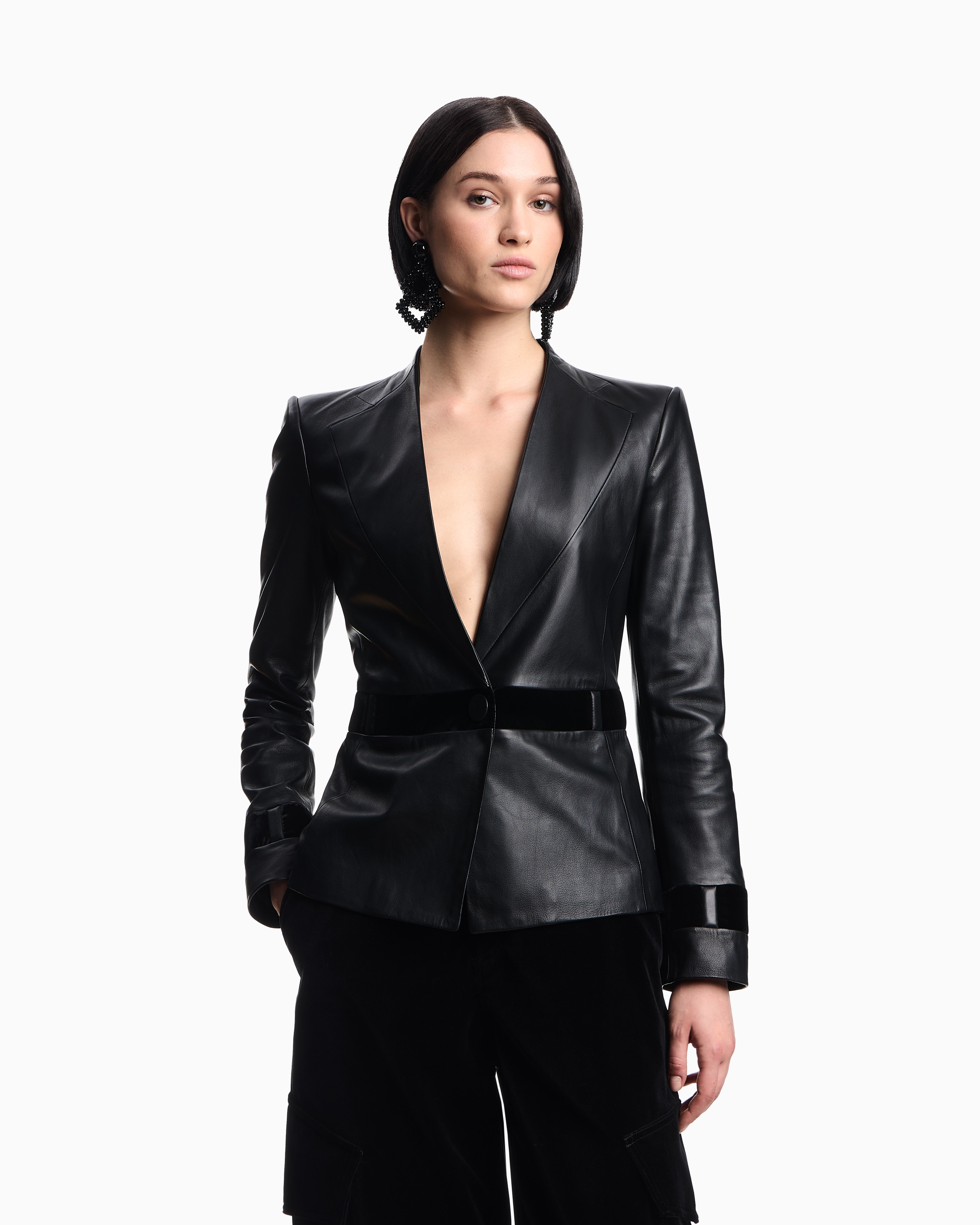 Emporio Armani - ASV glove-quality nappa leather jacket with velvet details, Woman, Black, Size: