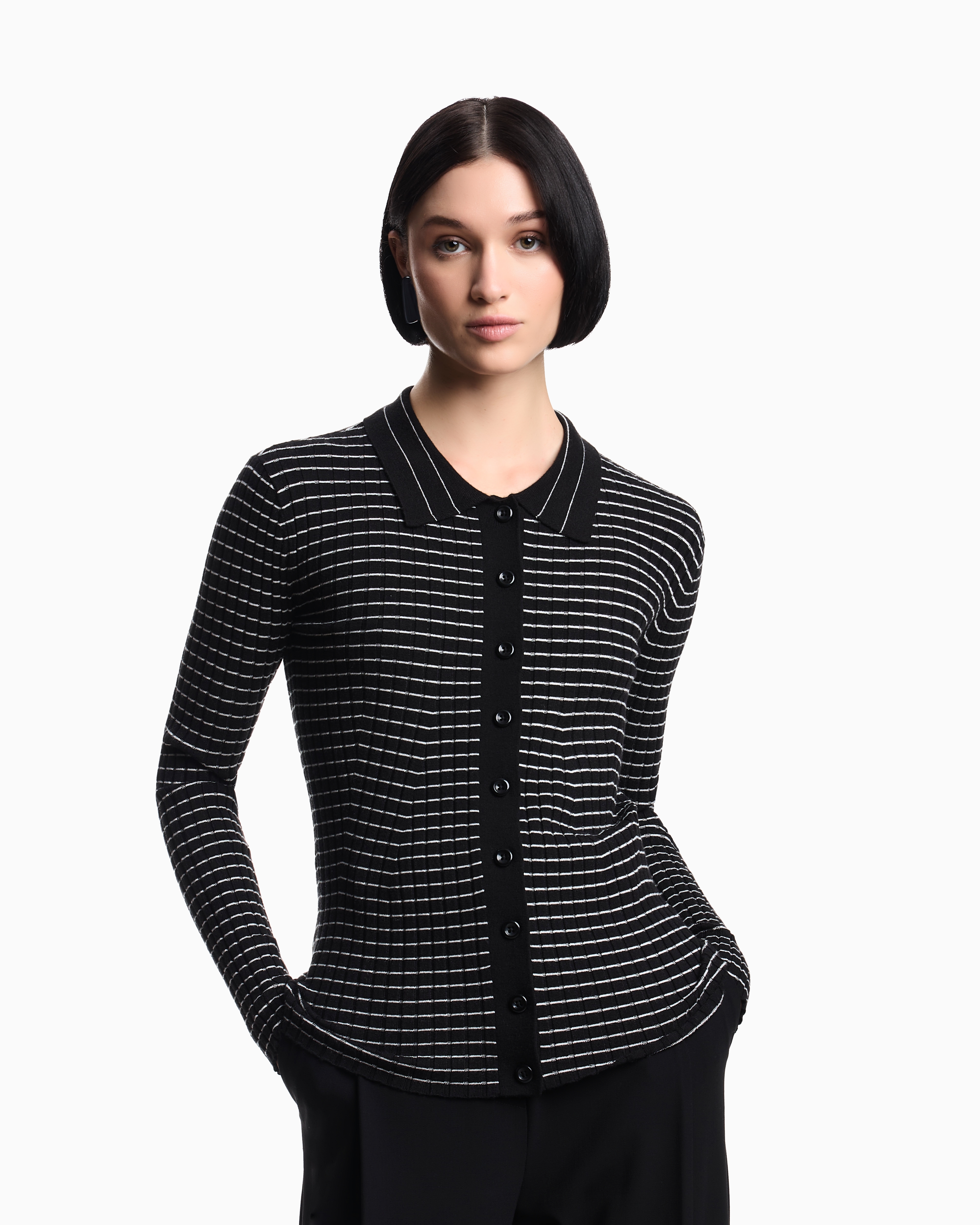 Emporio Armani Ribbed And Striped Button Up Cardigan Sweater