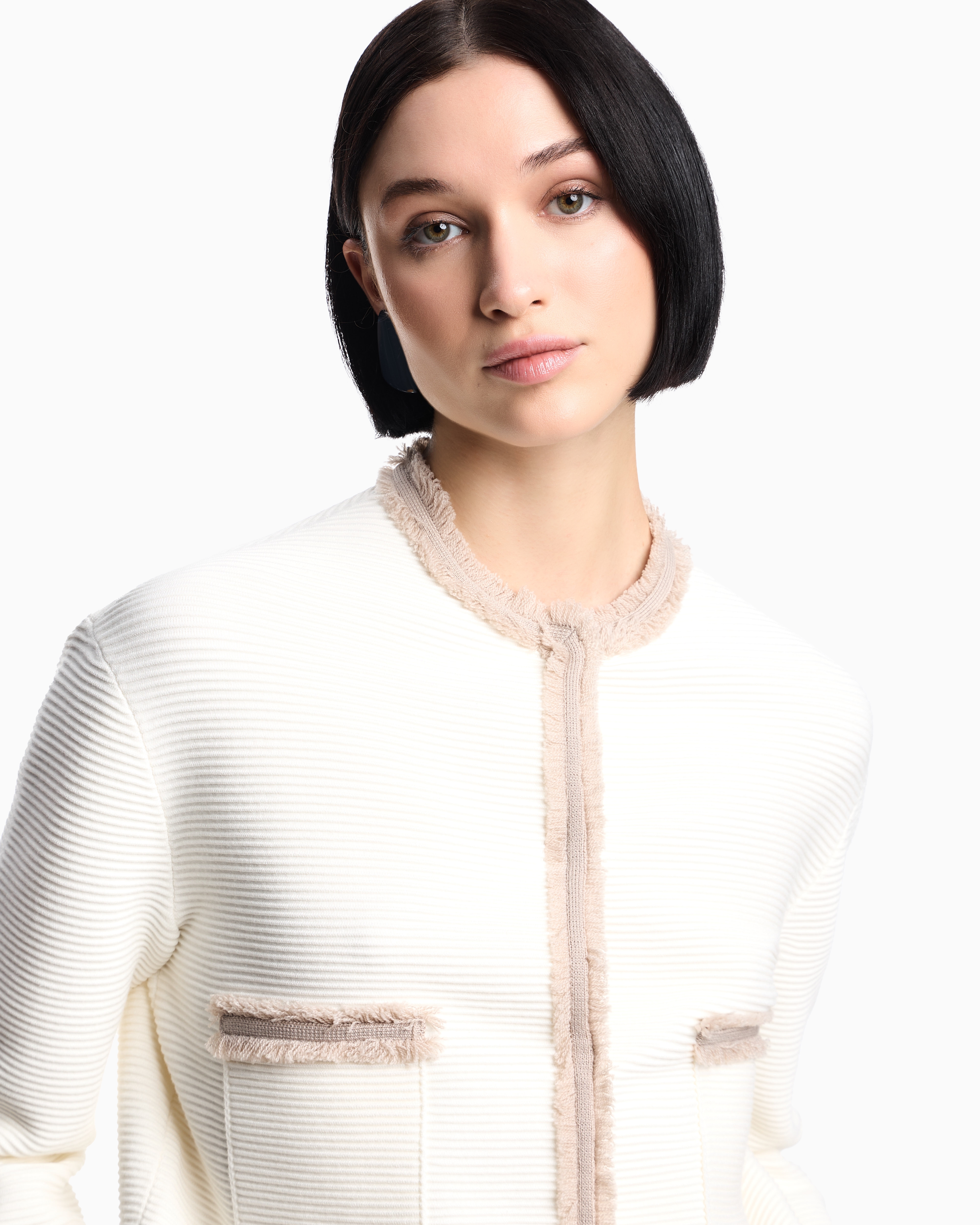 Emporio Armani Ottoman Stitch Knit Jacket With Fringe Hems