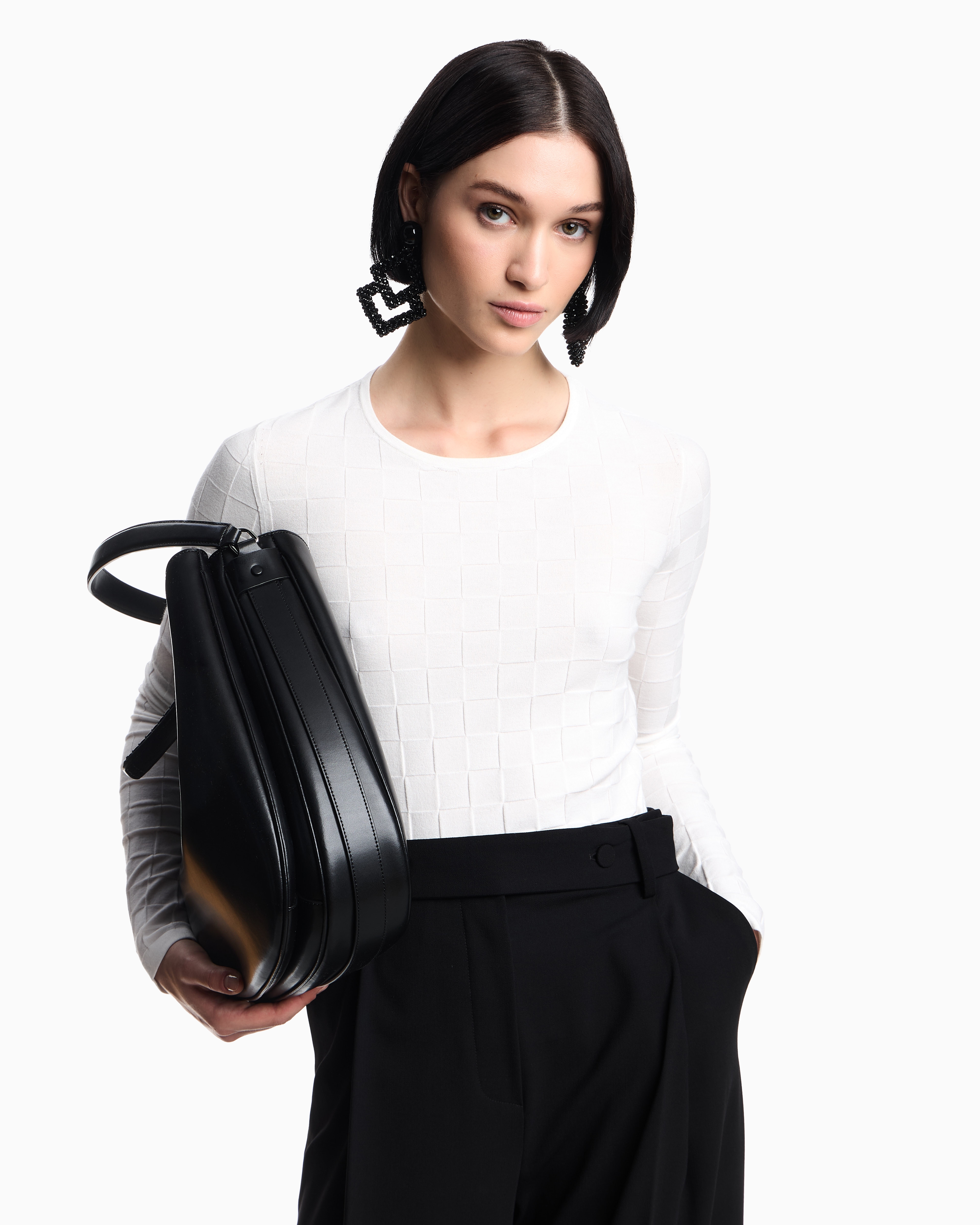 Emporio Armani Check-effect Knit Front And Back Viscose Jumper In White