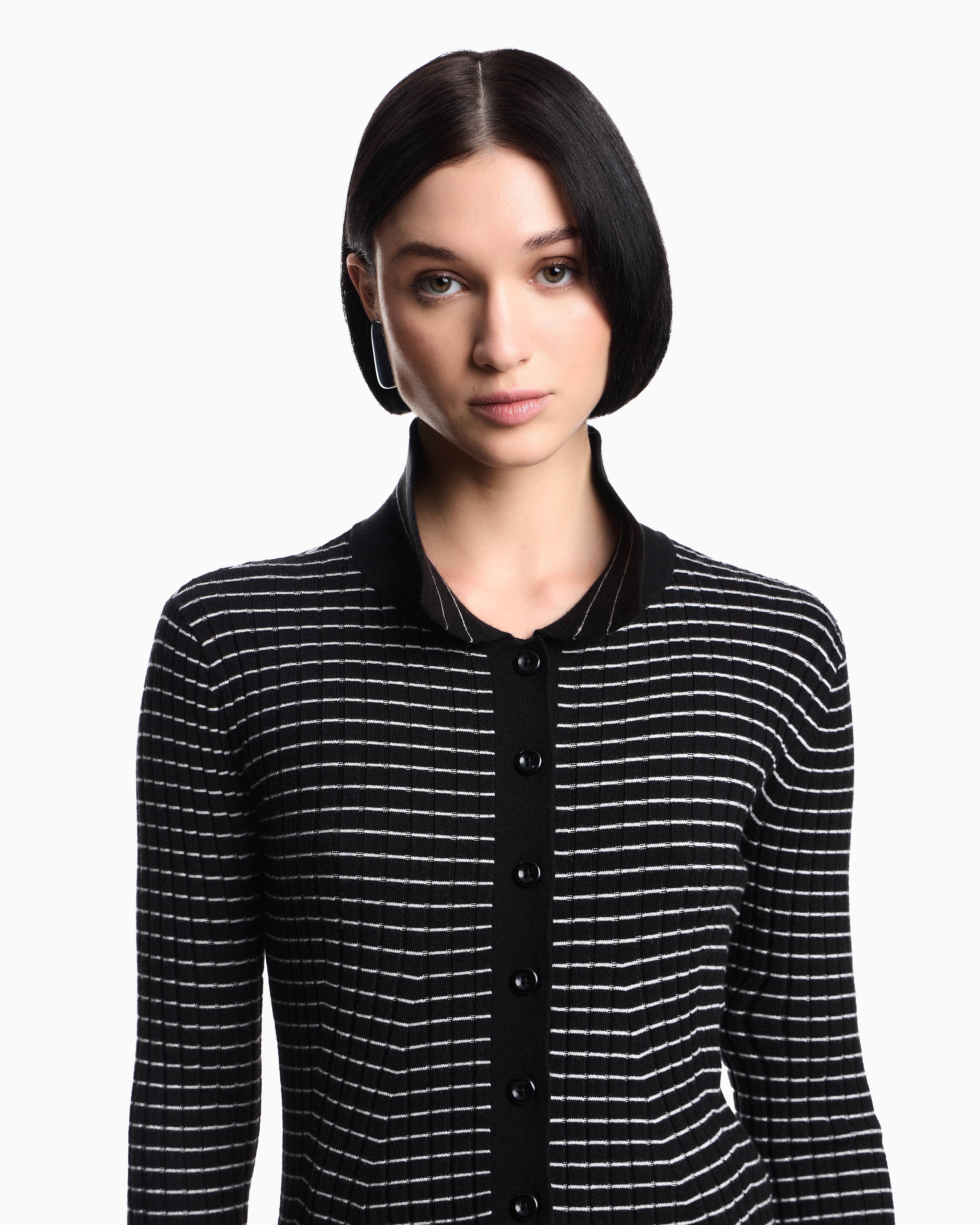 Emporio Armani Ribbed And Striped Button Up Cardigan Sweater