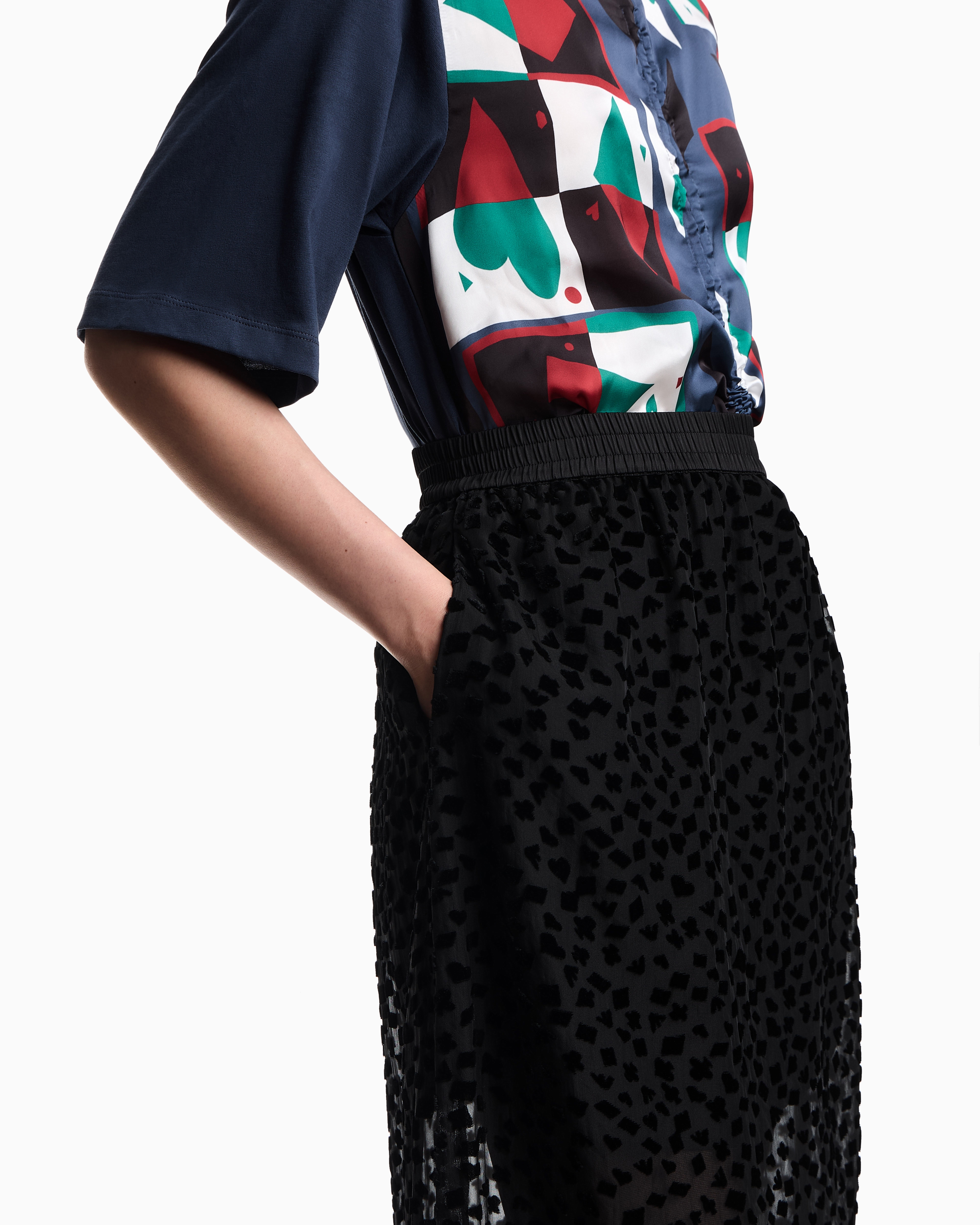 Emporio Armani Asv Jeu De Cartes Long Skirt In Devoré Tulle