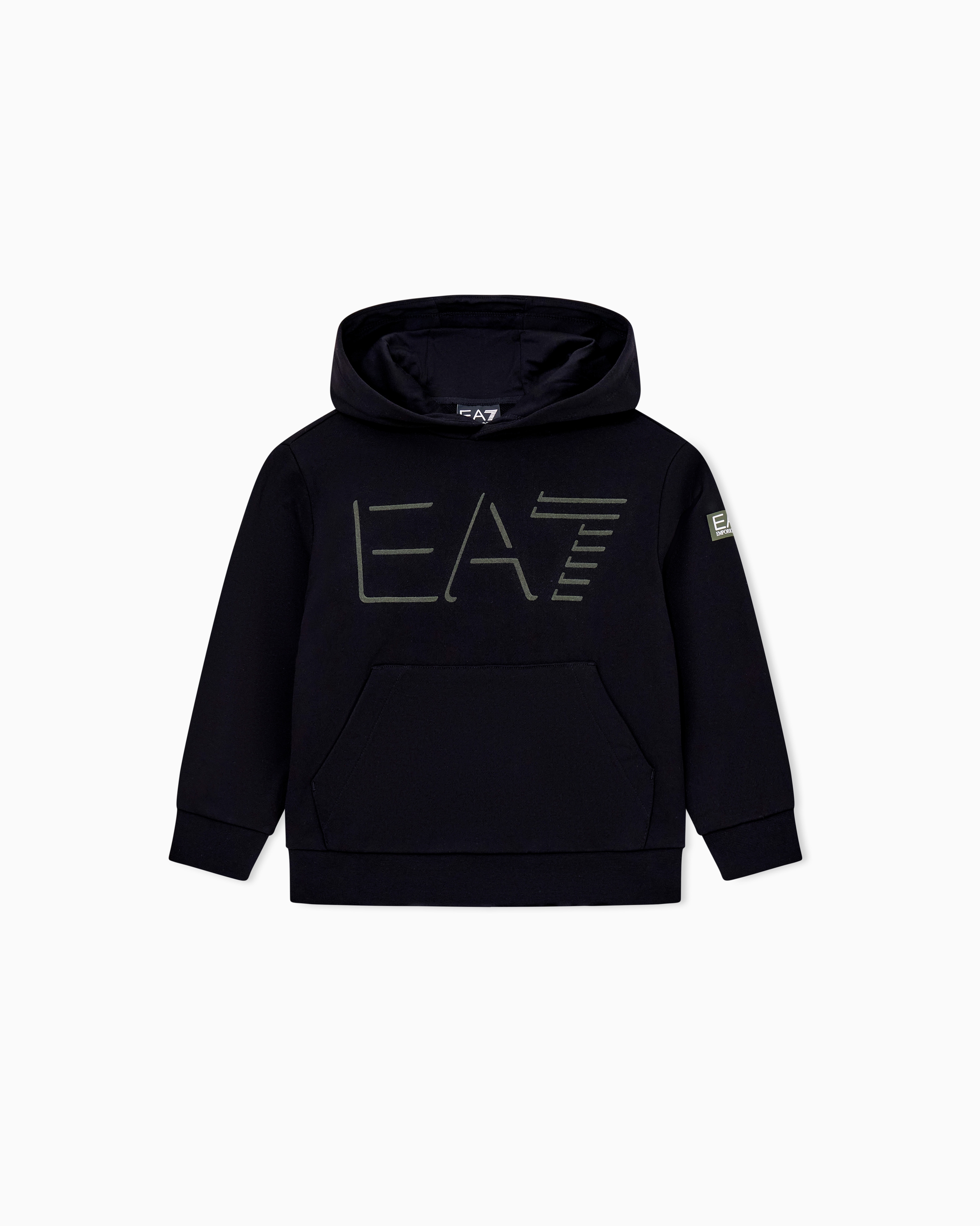 Ea7 Asv Logo Series Boy Organic Cotton-blend Hooded Sweatshirt In Black