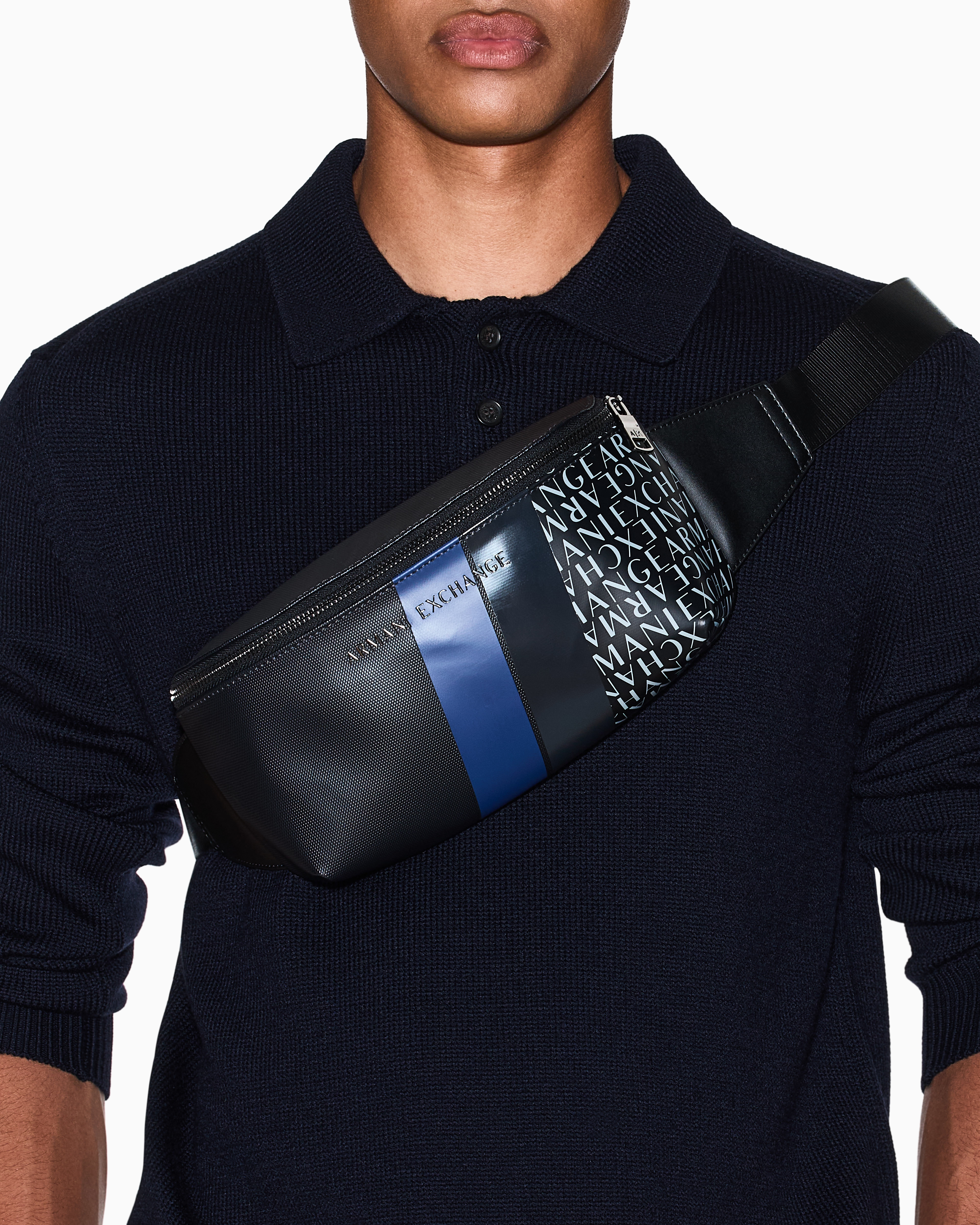 Armani Exchange - Monogram and Stripes Bum Bag, Man, Blue, Size: TU