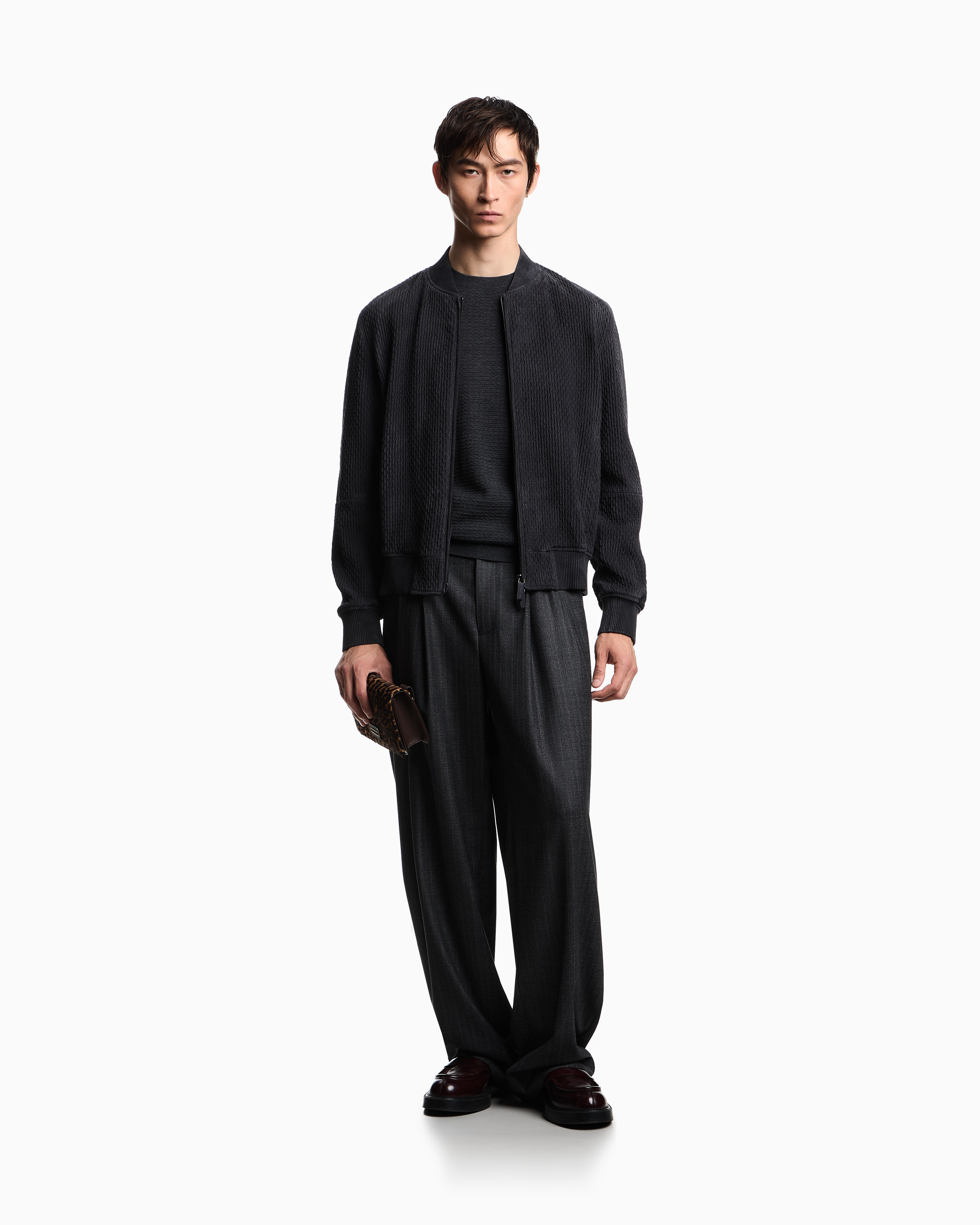 Emporio Armani Virgin Wool Jumper With Embossed Jacquard Pattern In Black