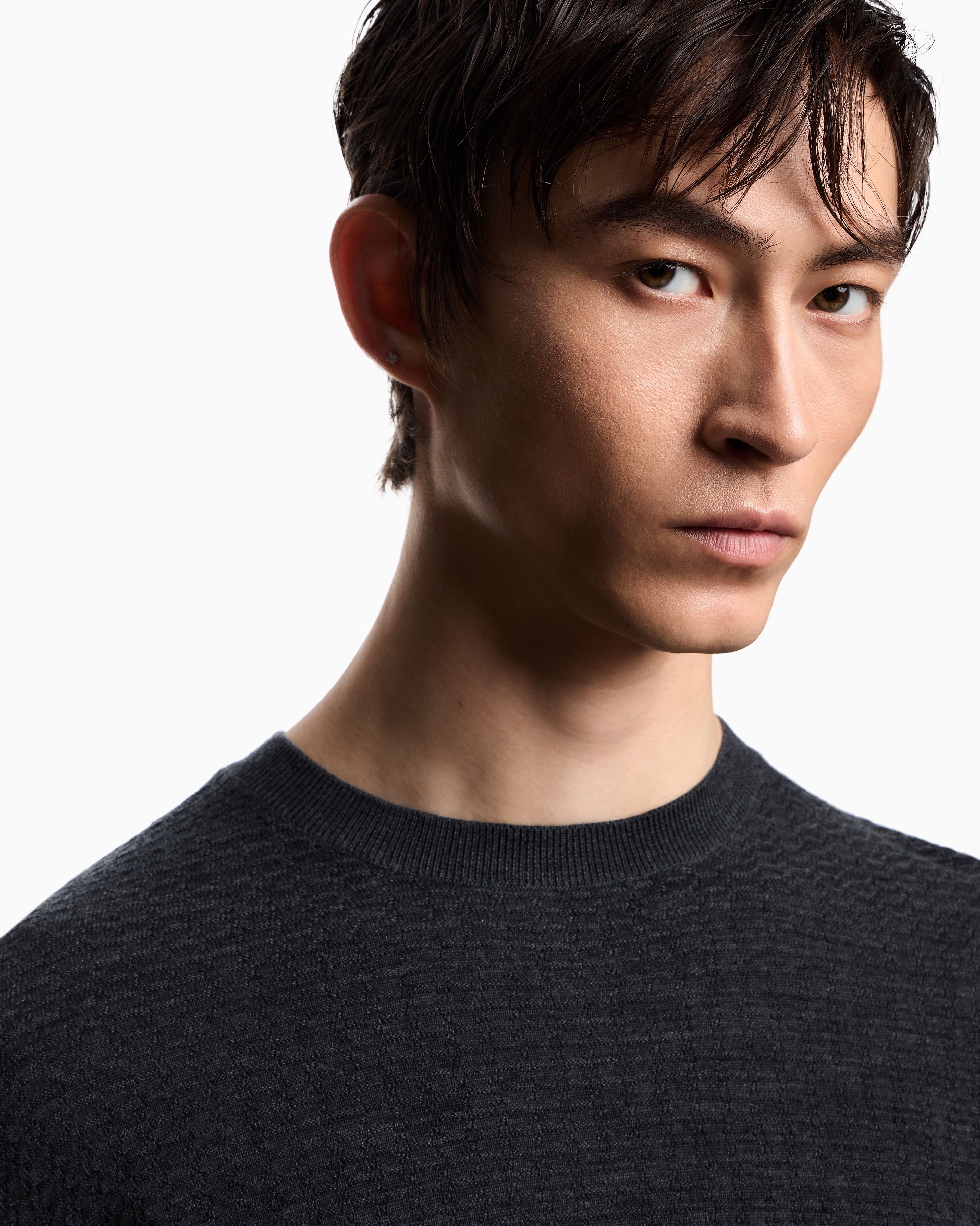 Emporio Armani Virgin Wool Jumper With Embossed Jacquard Pattern In Black