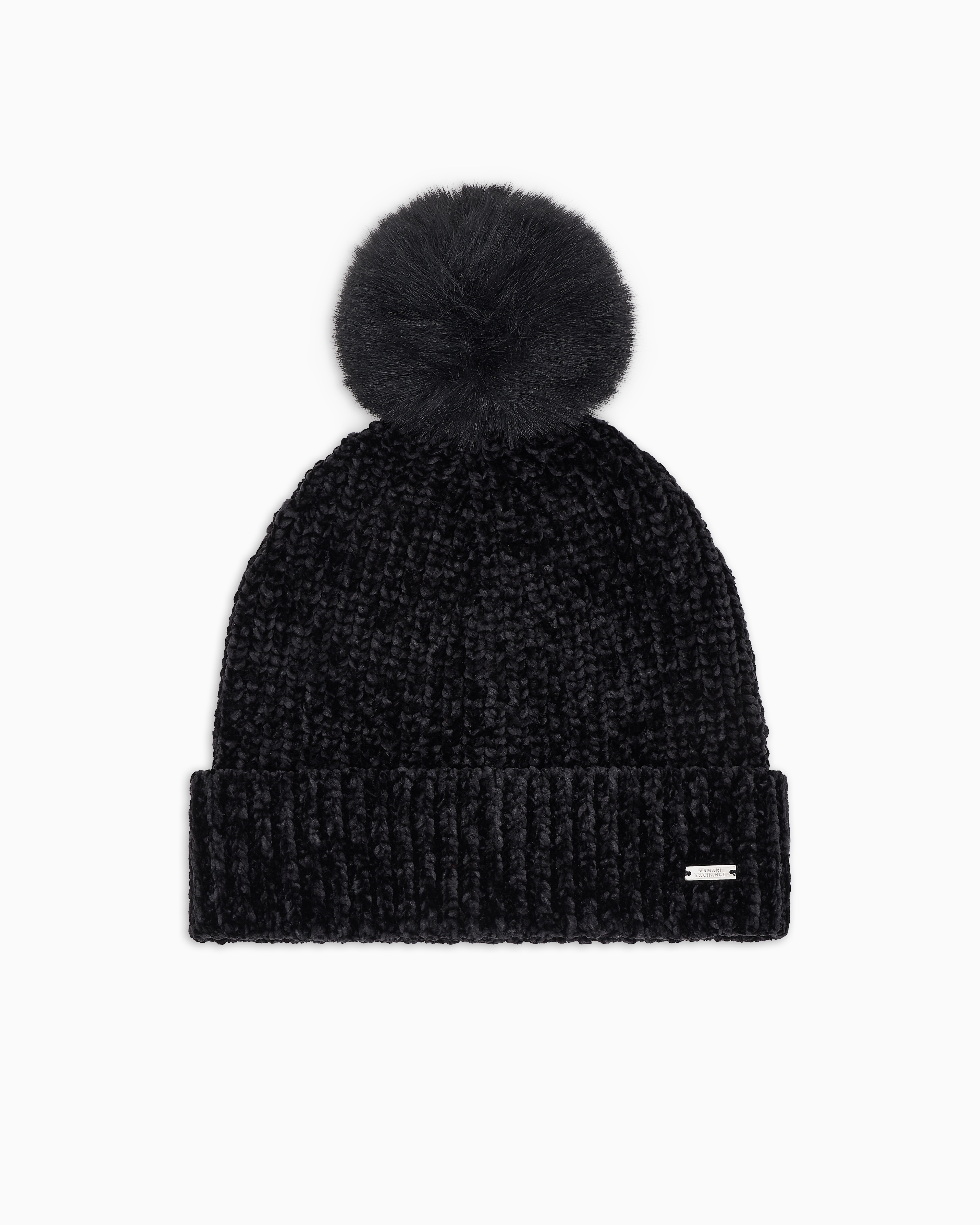 BLACK KNITTED FAUX FUR POM BEANIE