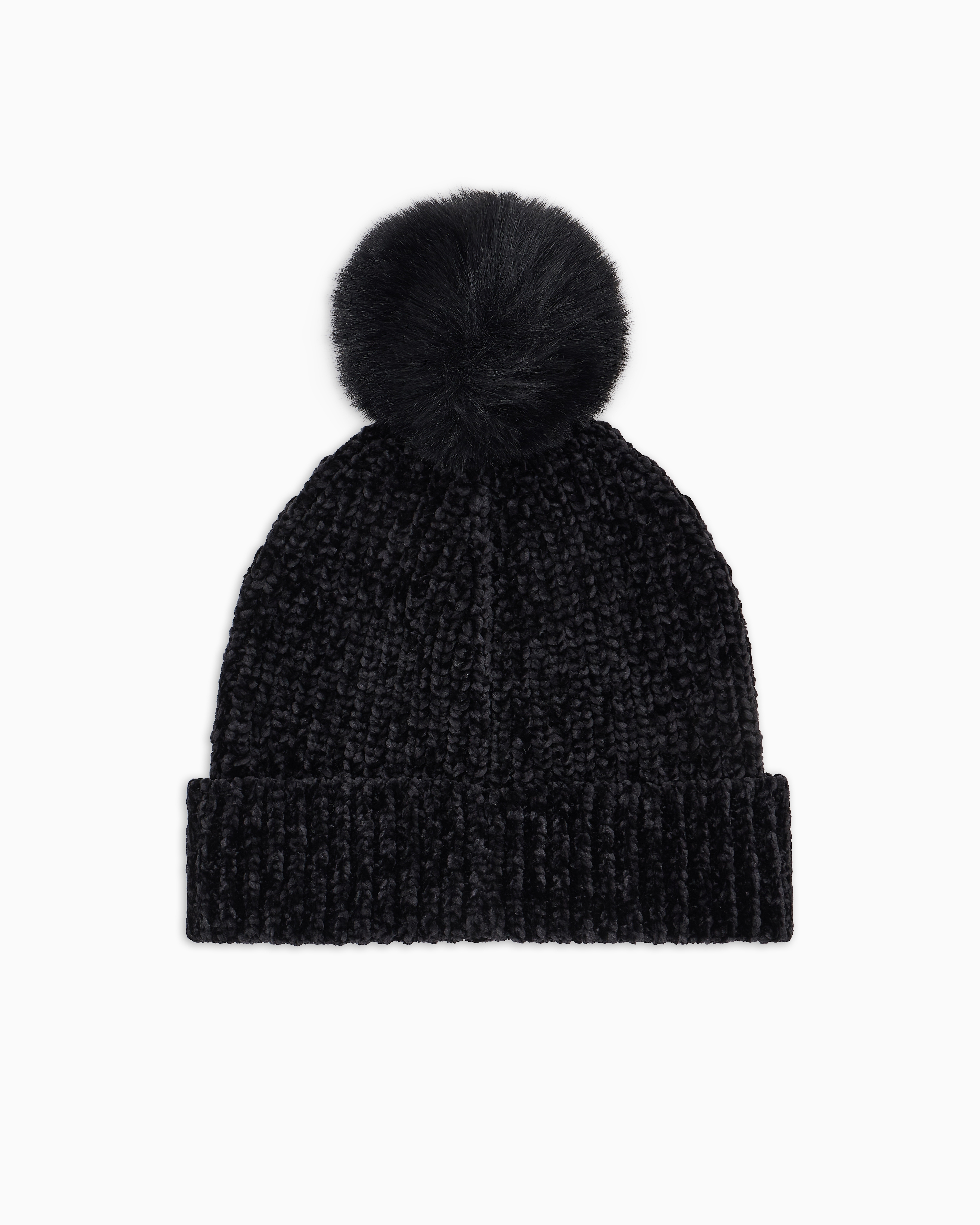 BLACK KNITTED FAUX FUR POM BEANIE