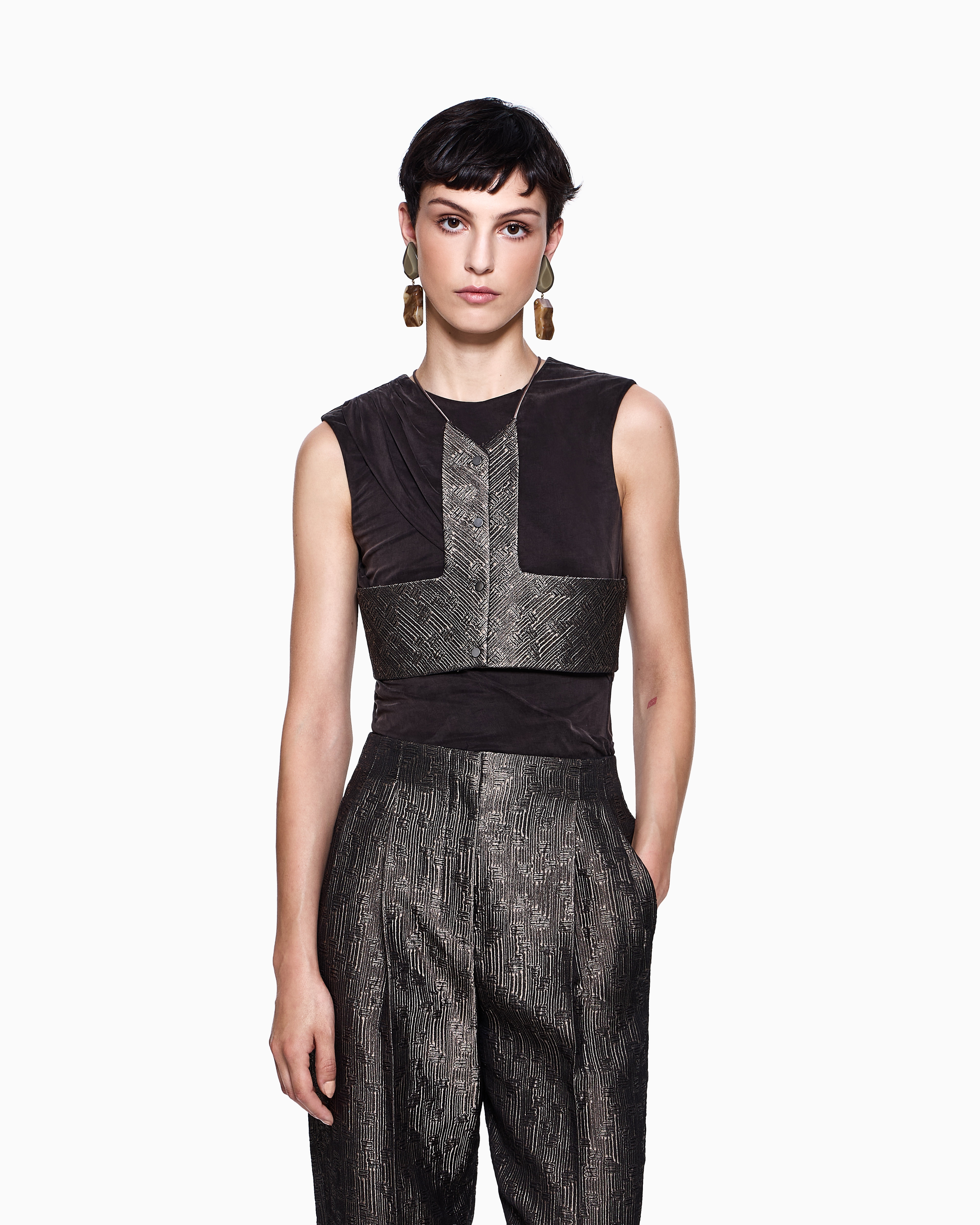 Giorgio Armani Jacquard Silk And Wool Micro Top In Black